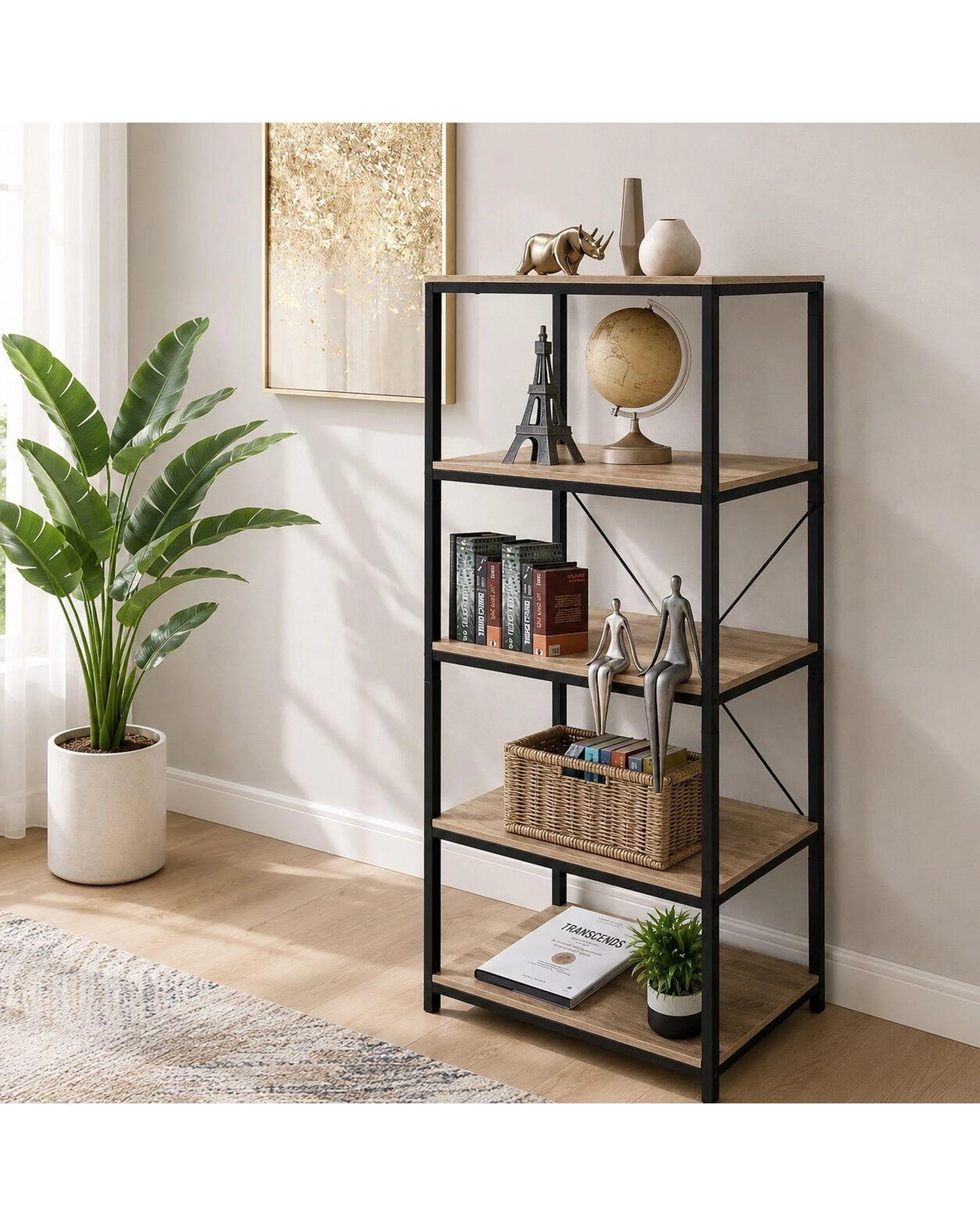 10 HelloFurniture Rome Industrial Style 5-Tier Storage Bookshelf - Oak - Shelf/Bookshelf - Partical Board, 10 of 10