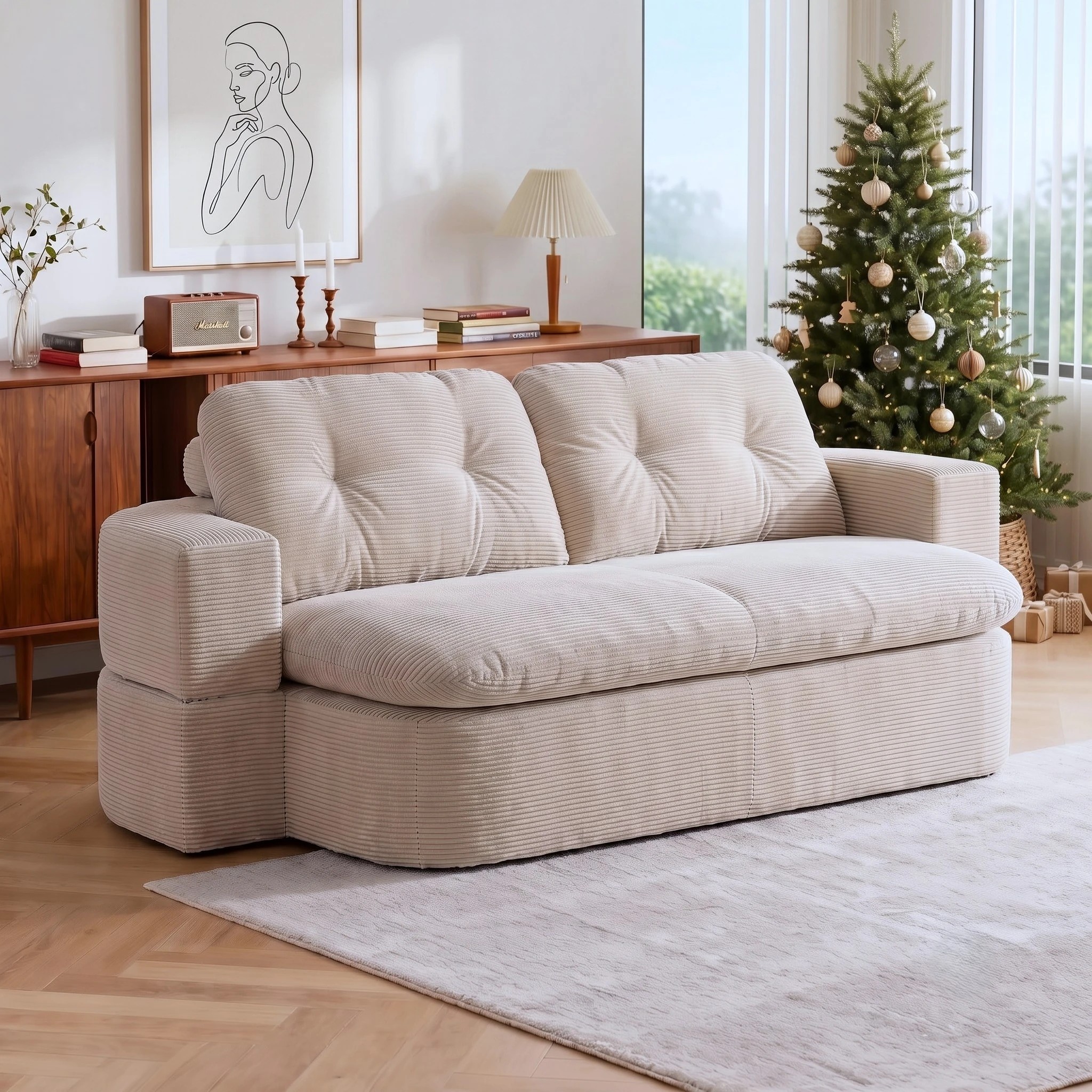 10 Artiss Convertible Folding Sofa Bed Boneless Couch Corduroy Sleeper Lounger for Living Room - Beige, 10 of 10