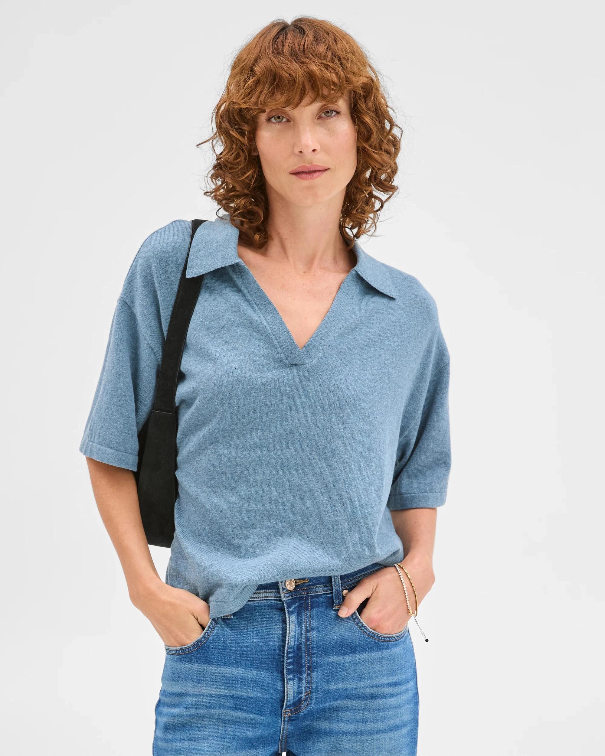 4 Target Woman Australian Cotton Blend Knit Polo Top STEEL BLUE, 4 of 7