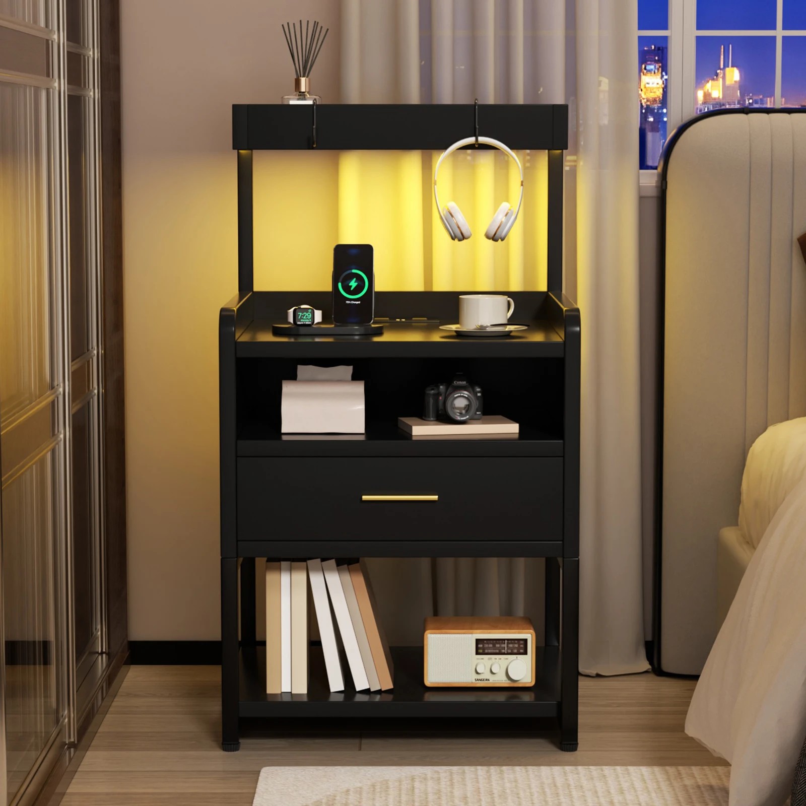 4 Advwin Bedside Table with Charging Station LED Lights Drawer and Open Storage Shelves - Black, 4 of 10