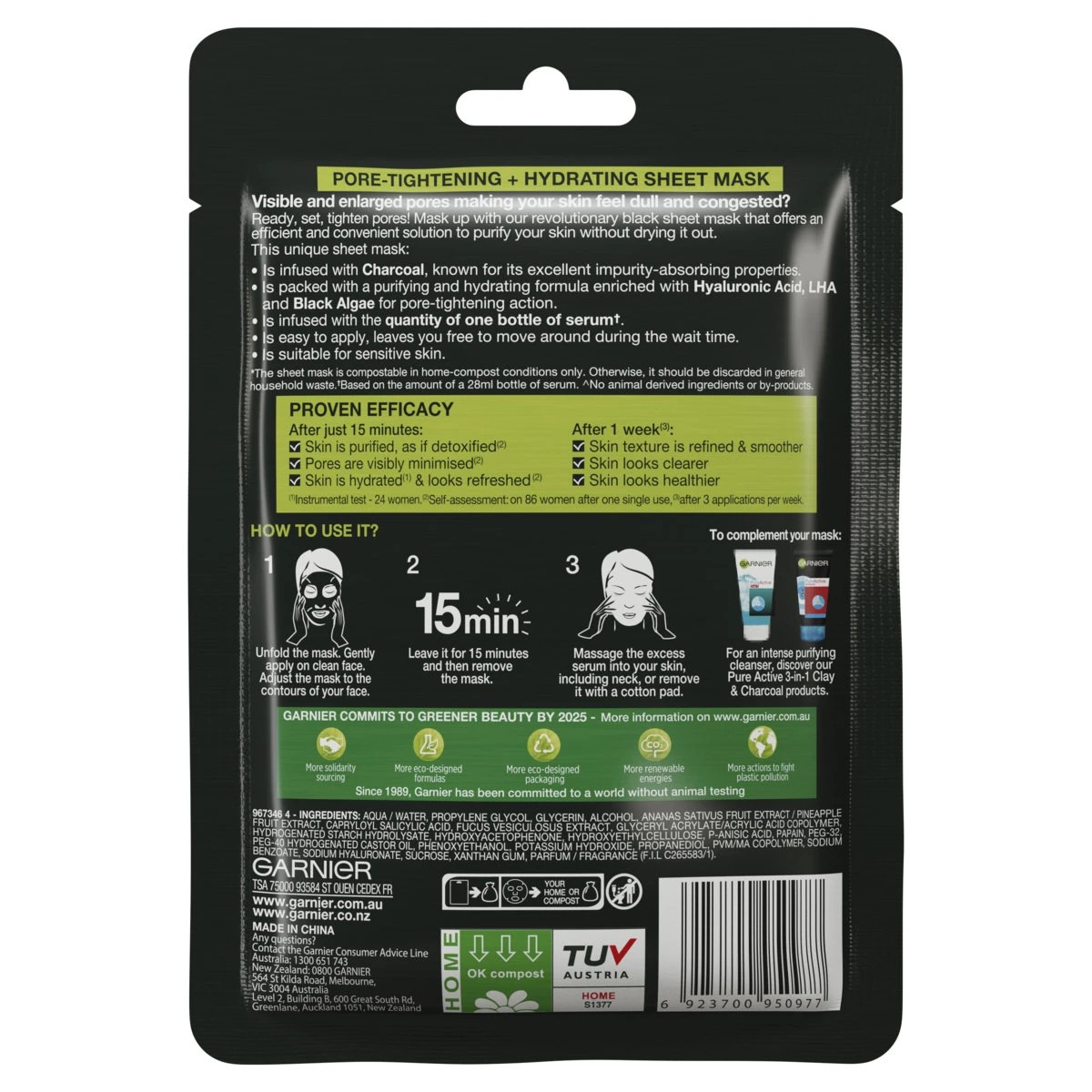 2 Garnier SkinActive Pure Charcoal Black Sheet Mask 28g - Black Algae, LHA & Hyaluronic Acid, 2 of 10
