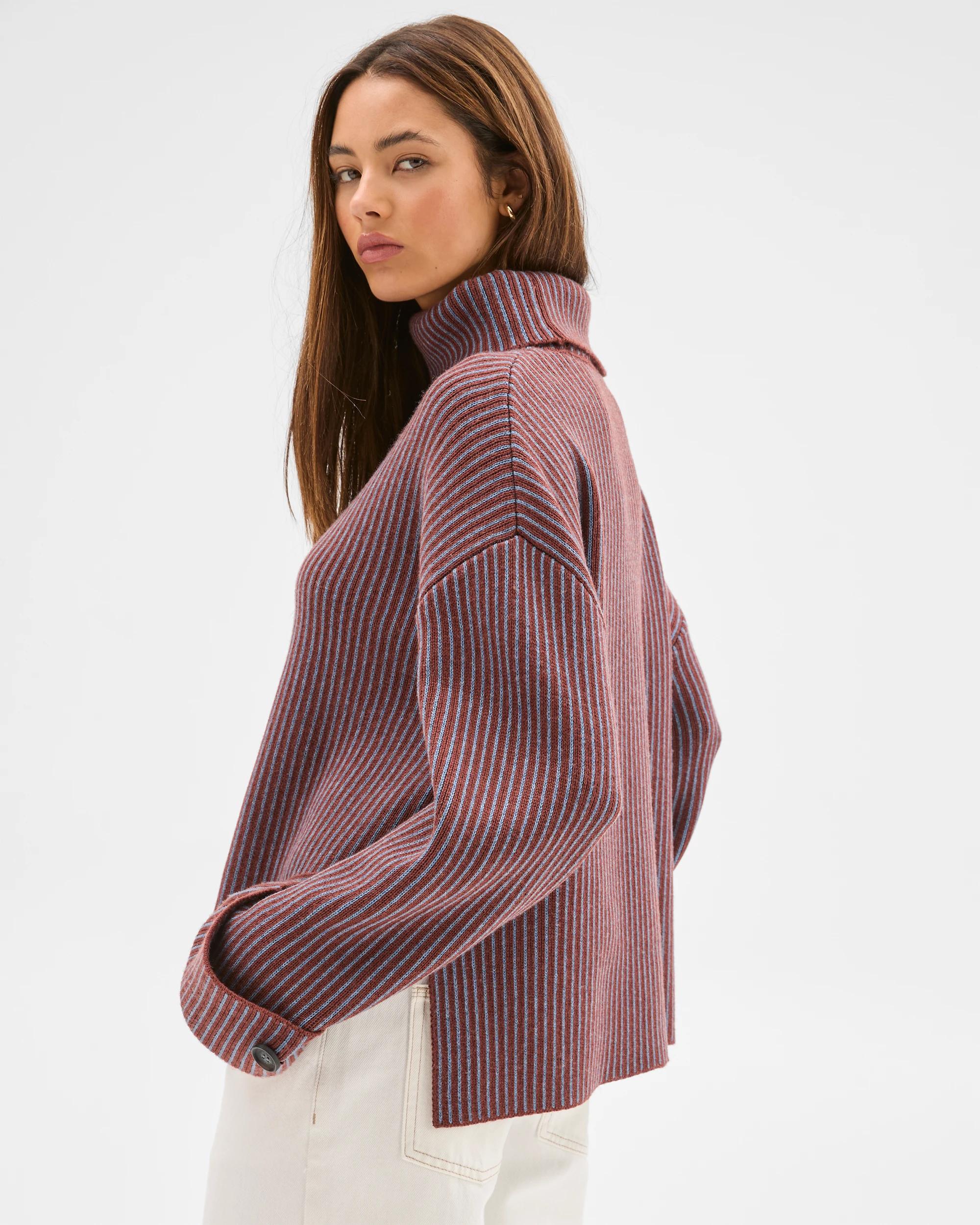 5 Lily Loves High Neck Rib Jumper MERLOT STRIPE, 5 of 5