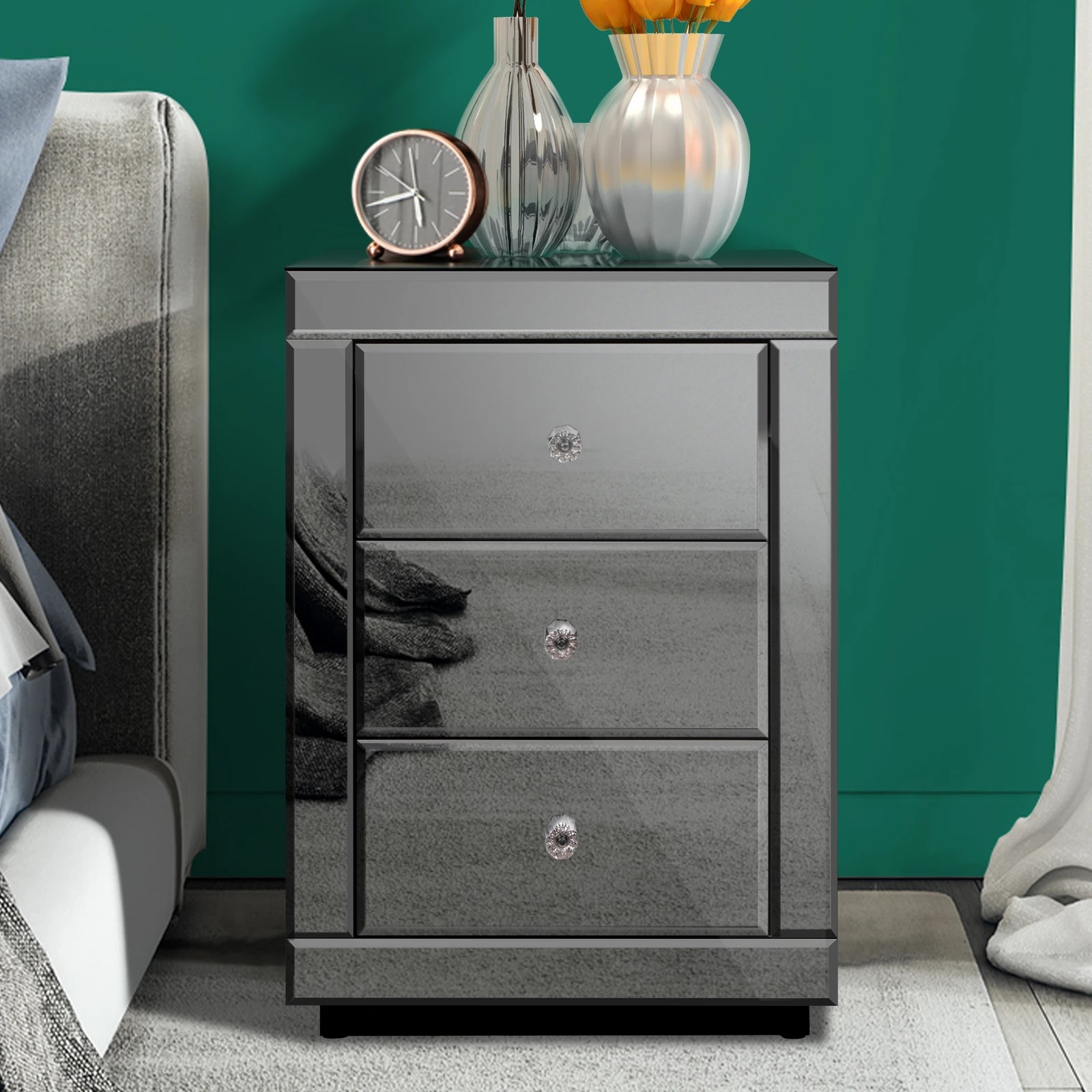 10 Alfordson Bedside Table Mirrored Cabinet Nightstand Side End Table Drawers - Grey, 10 of 10