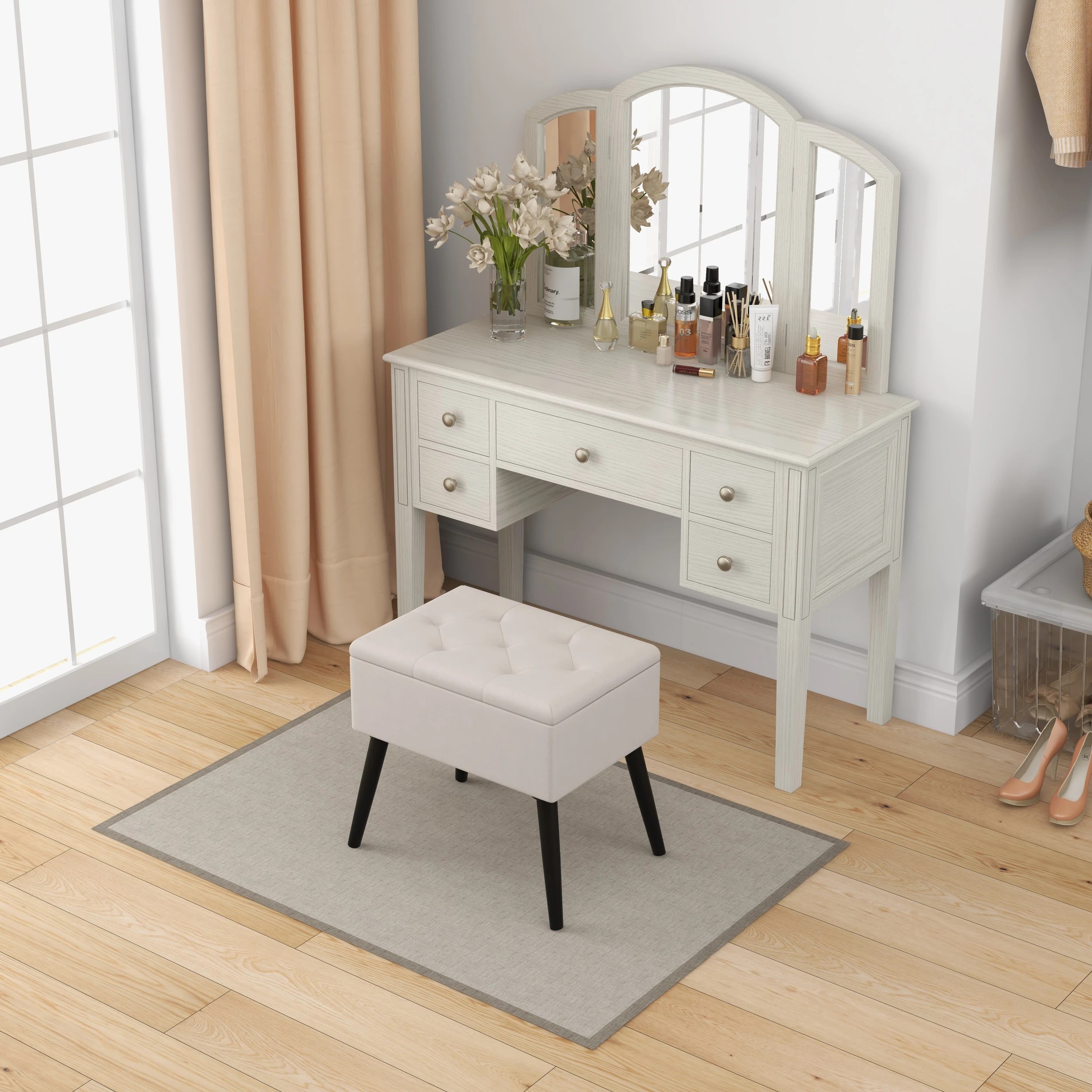 2 Costway Velvet Storage Ottoman Vanity Stool Flip Top Bench Padded Footrest Seat Chair Storage Box - Beige, 2 of 4