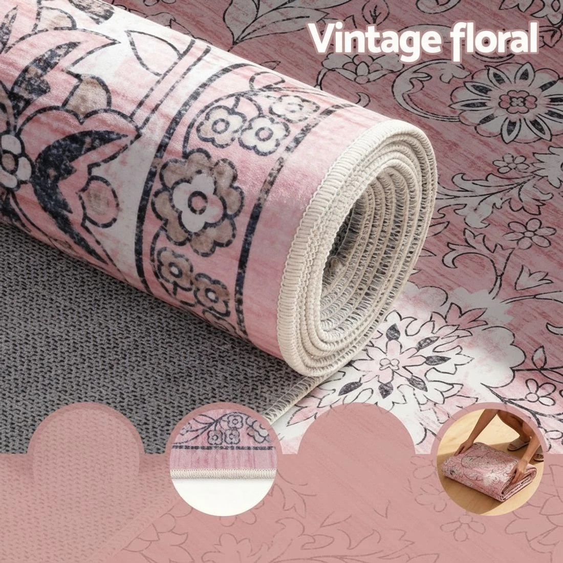 4 Artiss Floor Rug 240X340cm Large Washable Area Rug Vintage Living Room - Pink, 4 of 9