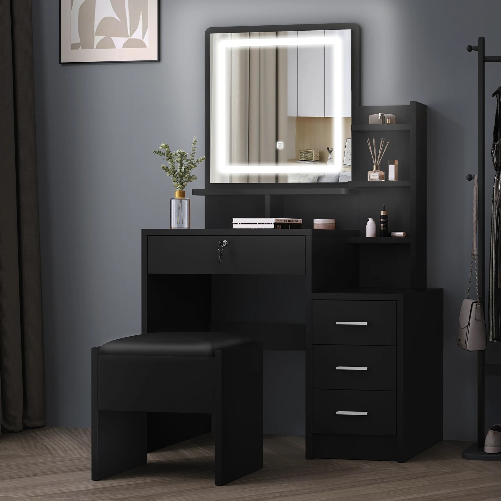 10 Alfordson Dressing Table Stool Set LED Makeup Mirror Vanity Desk Drawers - Black, 10 of 10