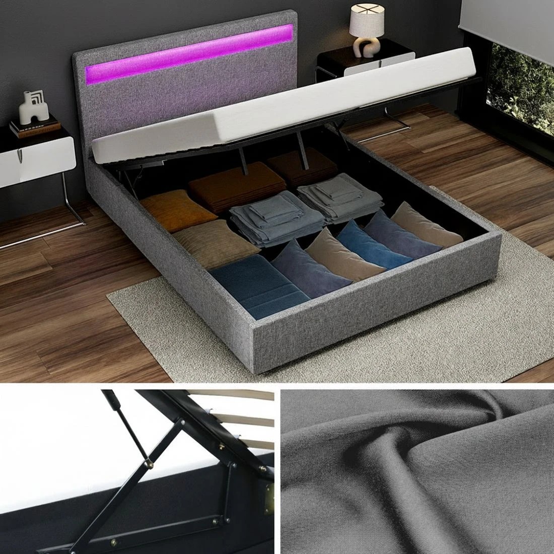 4 Artiss Bed Frame Queen Size LED Gas Lift - Grey, 4 of 10