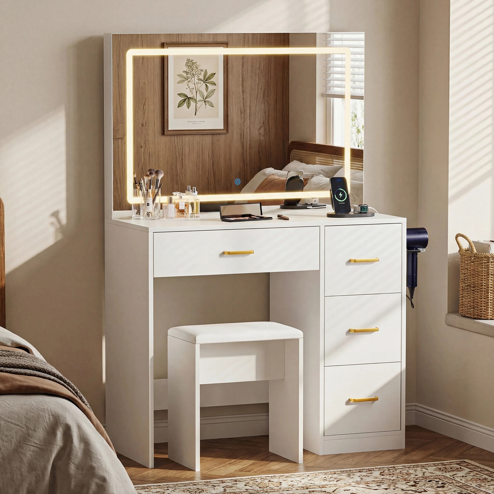 2 Advwin Makeup Vanity Desk with Large LED Mirror Charging Station - White, 2 of 10