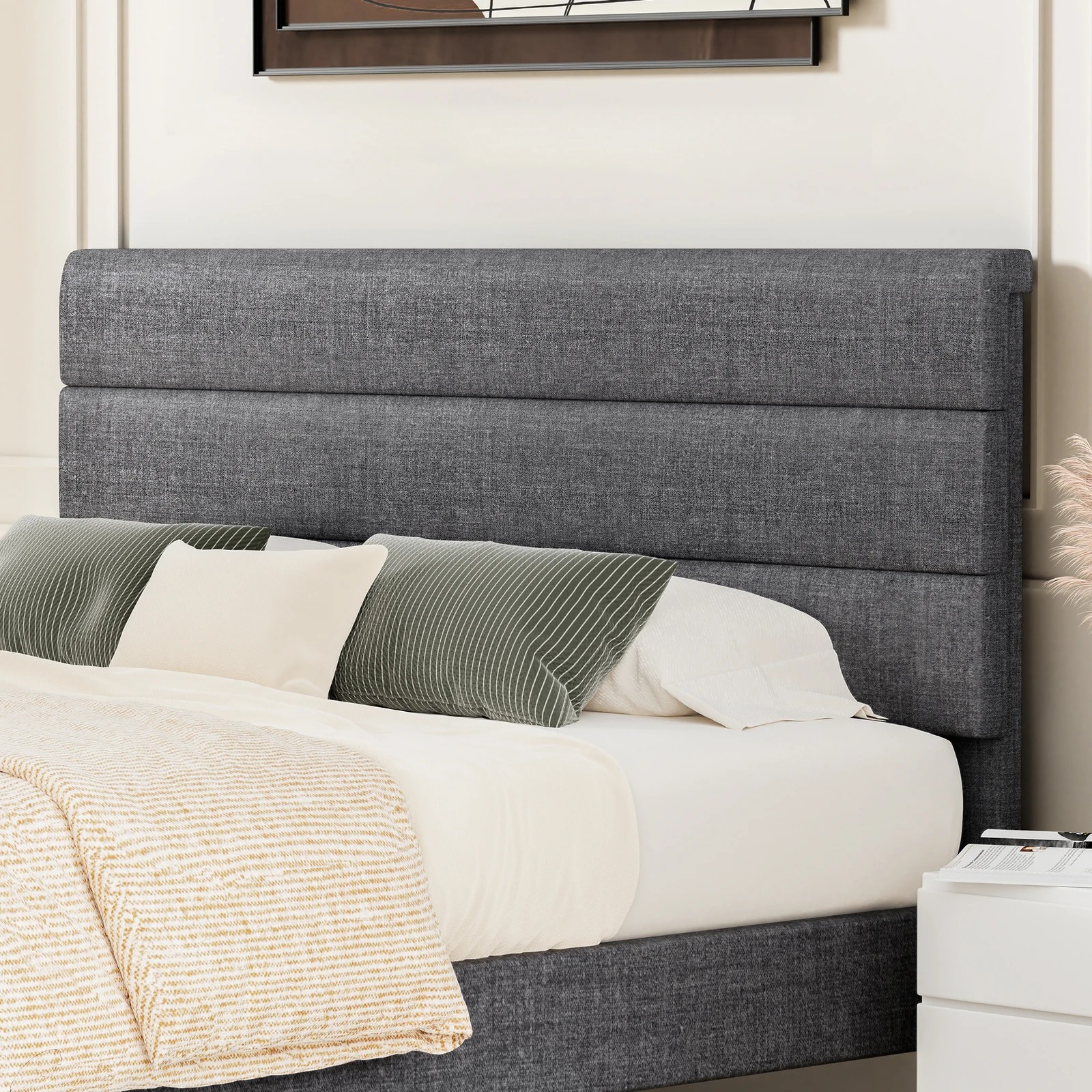 4 Alfordson Bed Frame Queen Size Upholstered Platform Fabric Harlene - Grey, 4 of 10