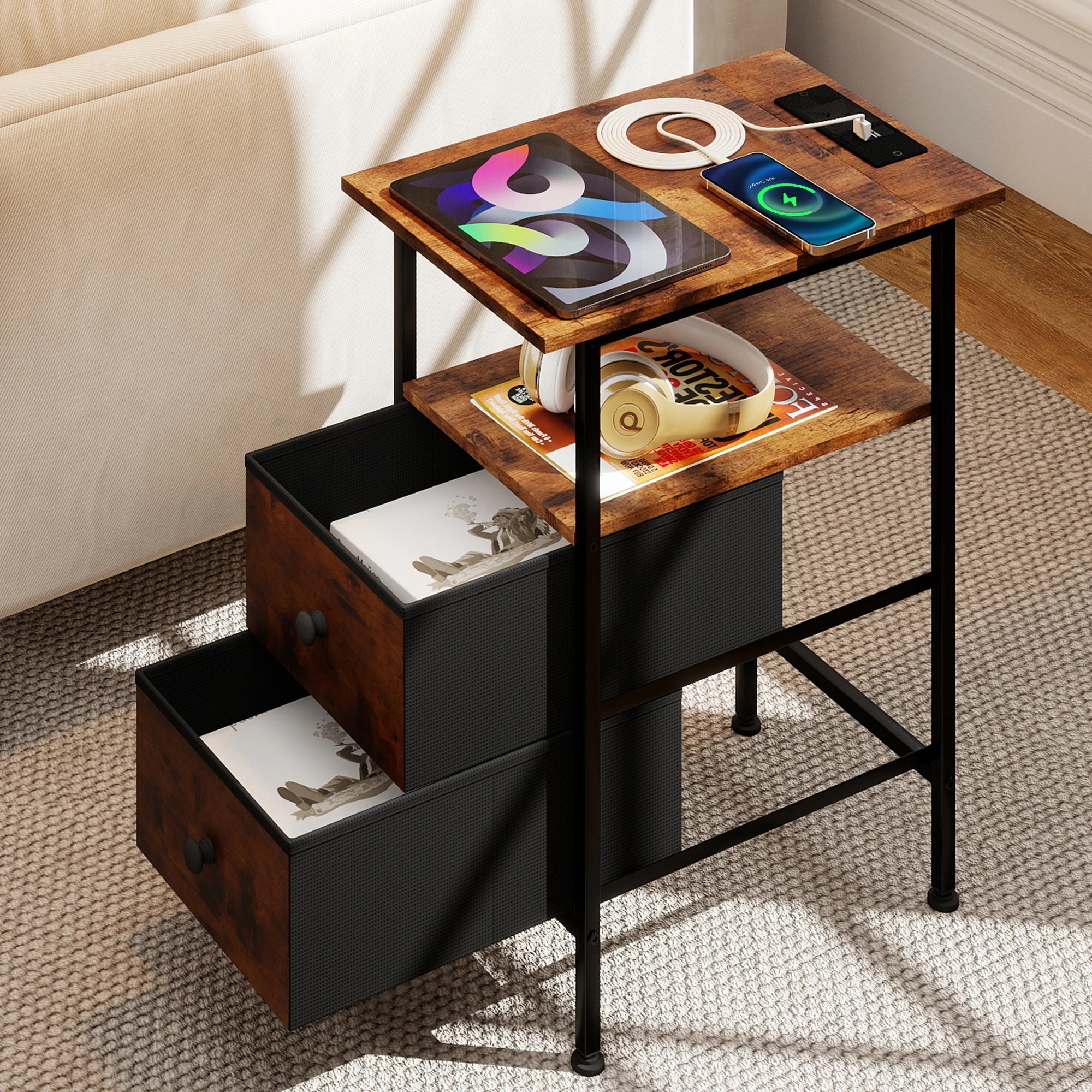 8 Levede Bedside Table USB Charge with 2 Drawers - Brown, 8 of 9