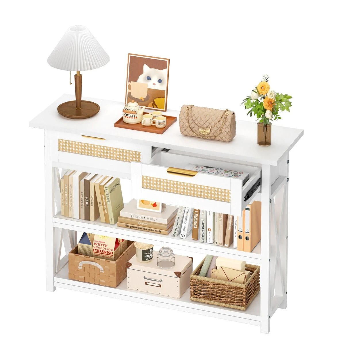 4 LUXSUITE Console Table with Rattan Drawers Lamp White, 4 of 5