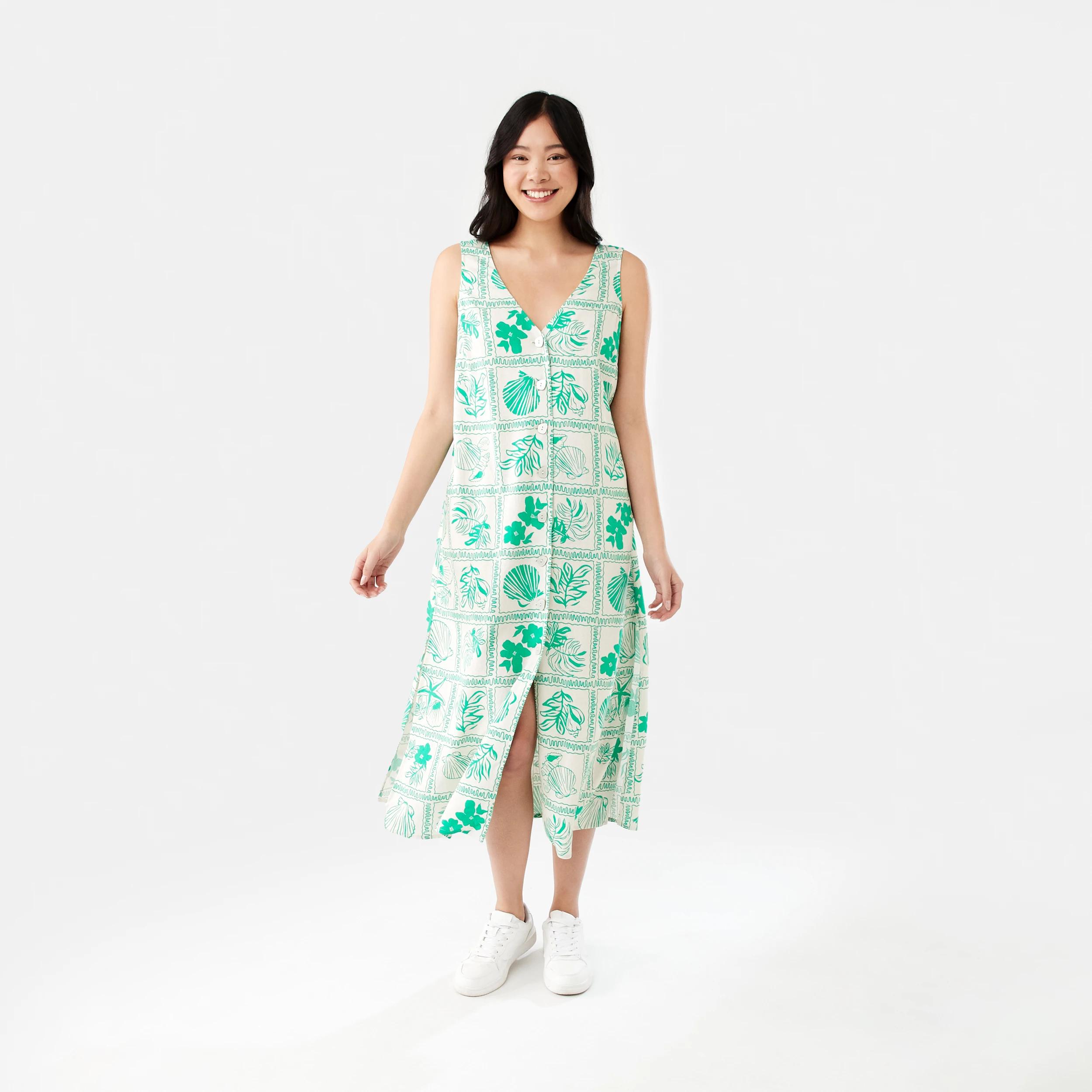 1 Sleeveless Longline Button Through Midi Dress SHELL GEO SIMPLY GREEN, 1 of 9
