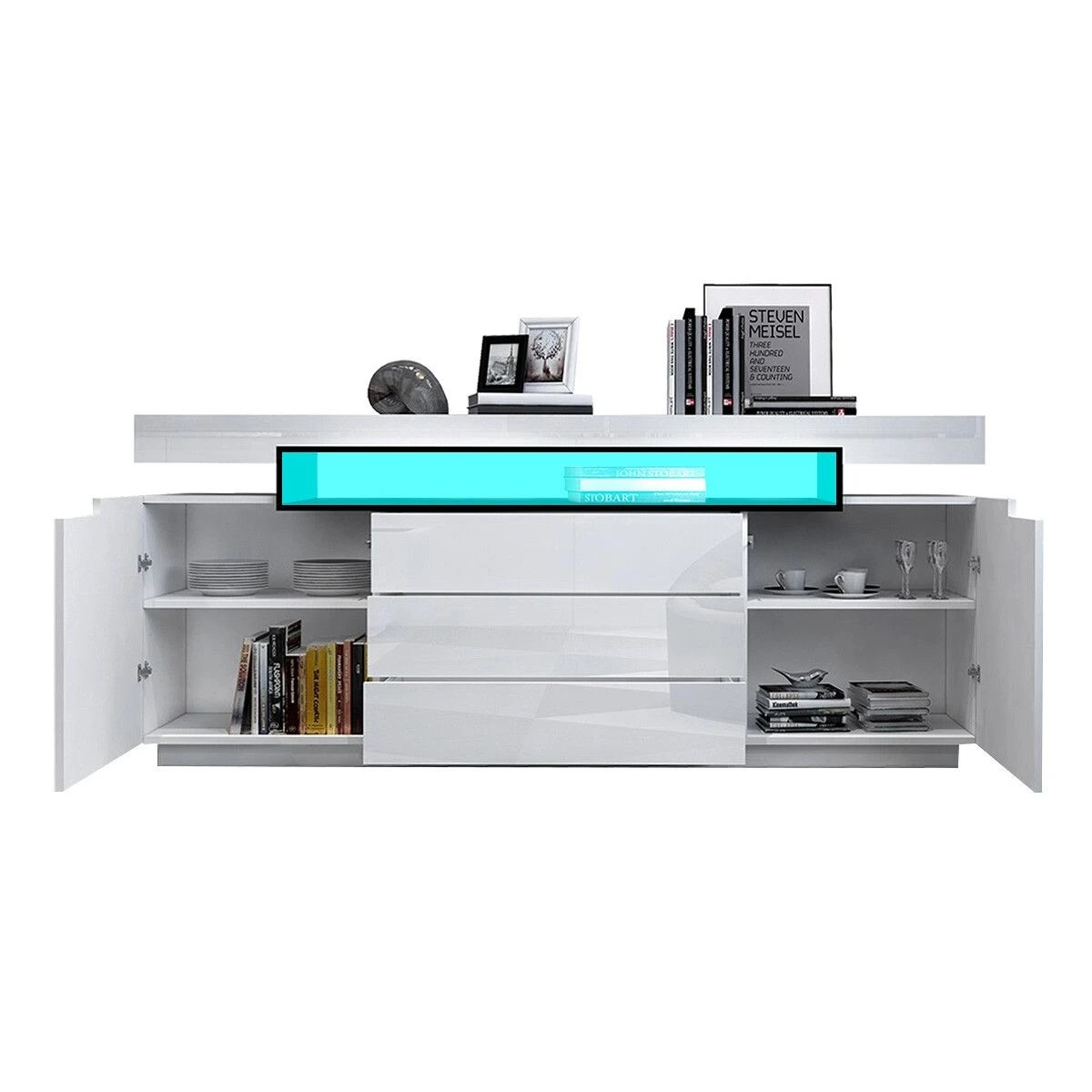 6 Ausway LED Sideboard TV Stand Cabinet Entertainment Unit Buffet Table High Gloss 3 Drawers, 6 of 8