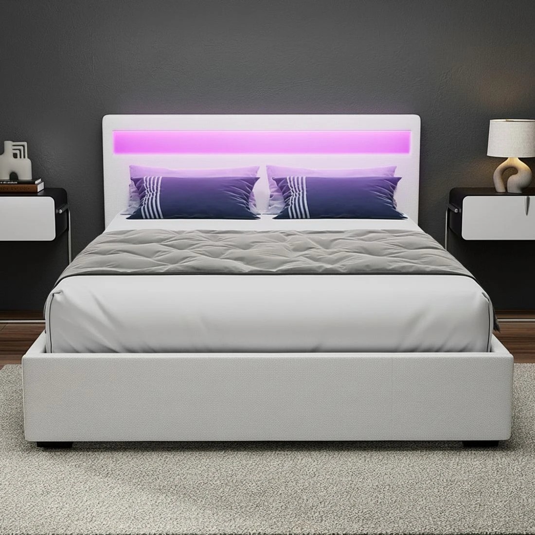 6 Artiss Bed Frame Queen Size LED Gas Lift  COLE - White, 6 of 10