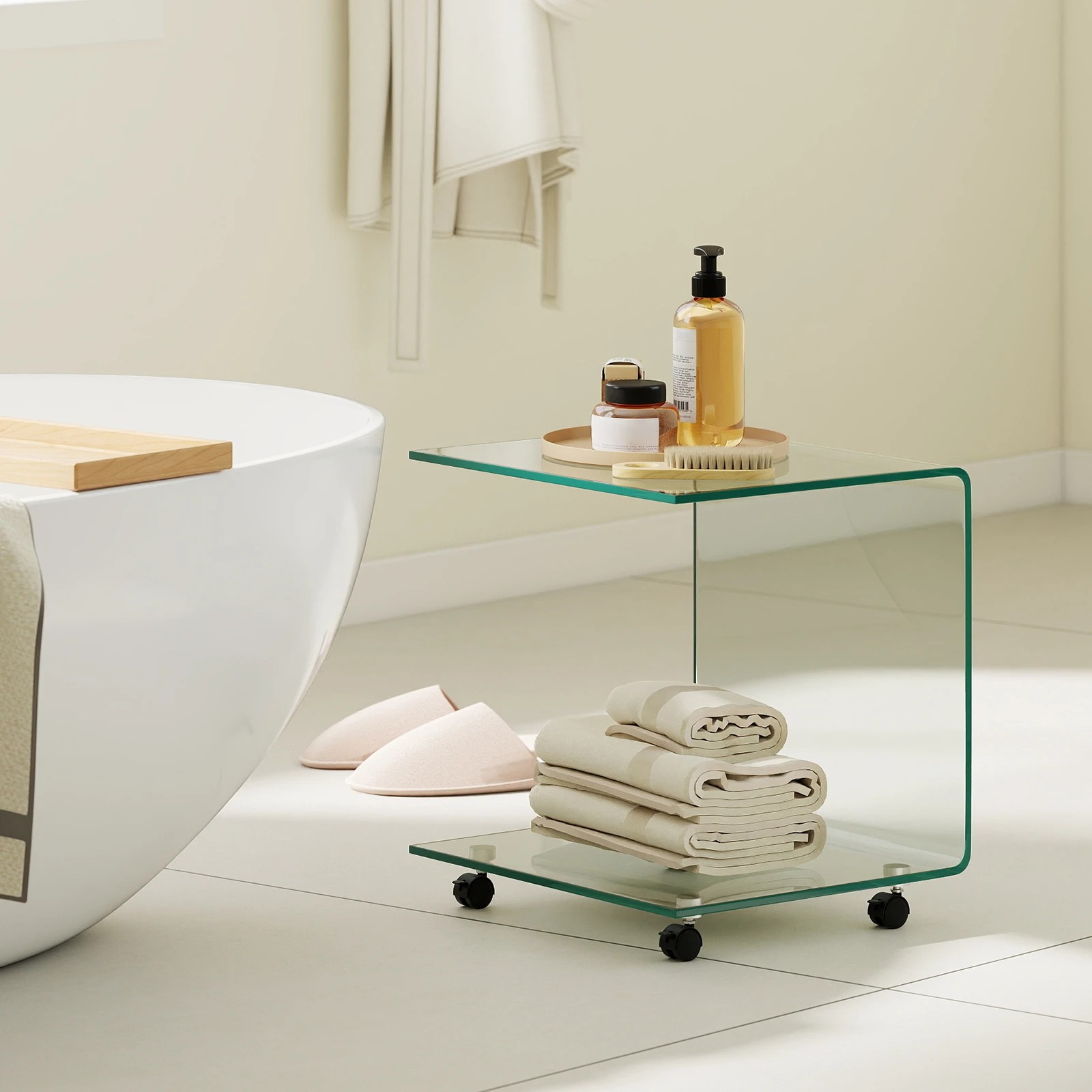 3 Costway Mobile C-Shaped End Table Tempered Glass 2 Tier Shelf Sofa Bedside Table, 3 of 5