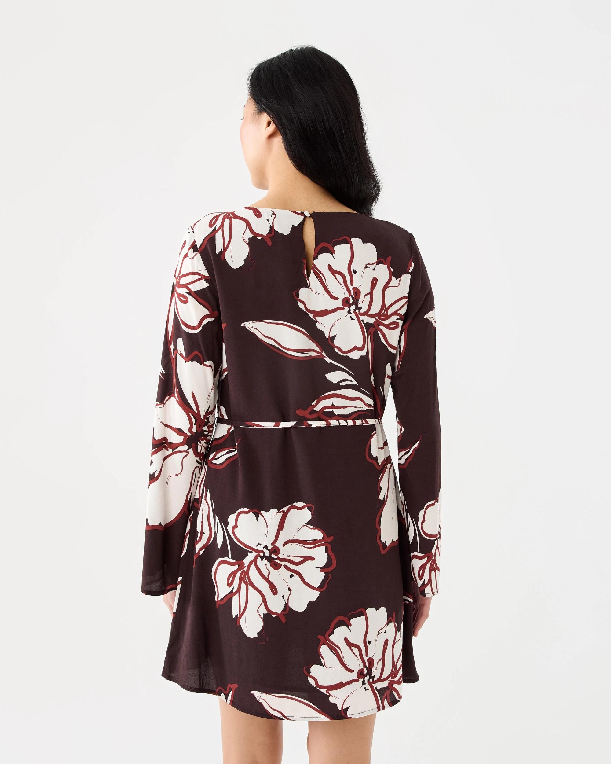3 Long Sleeve Crepe Tie Mini Dress Abst Cloud, 3 of 9