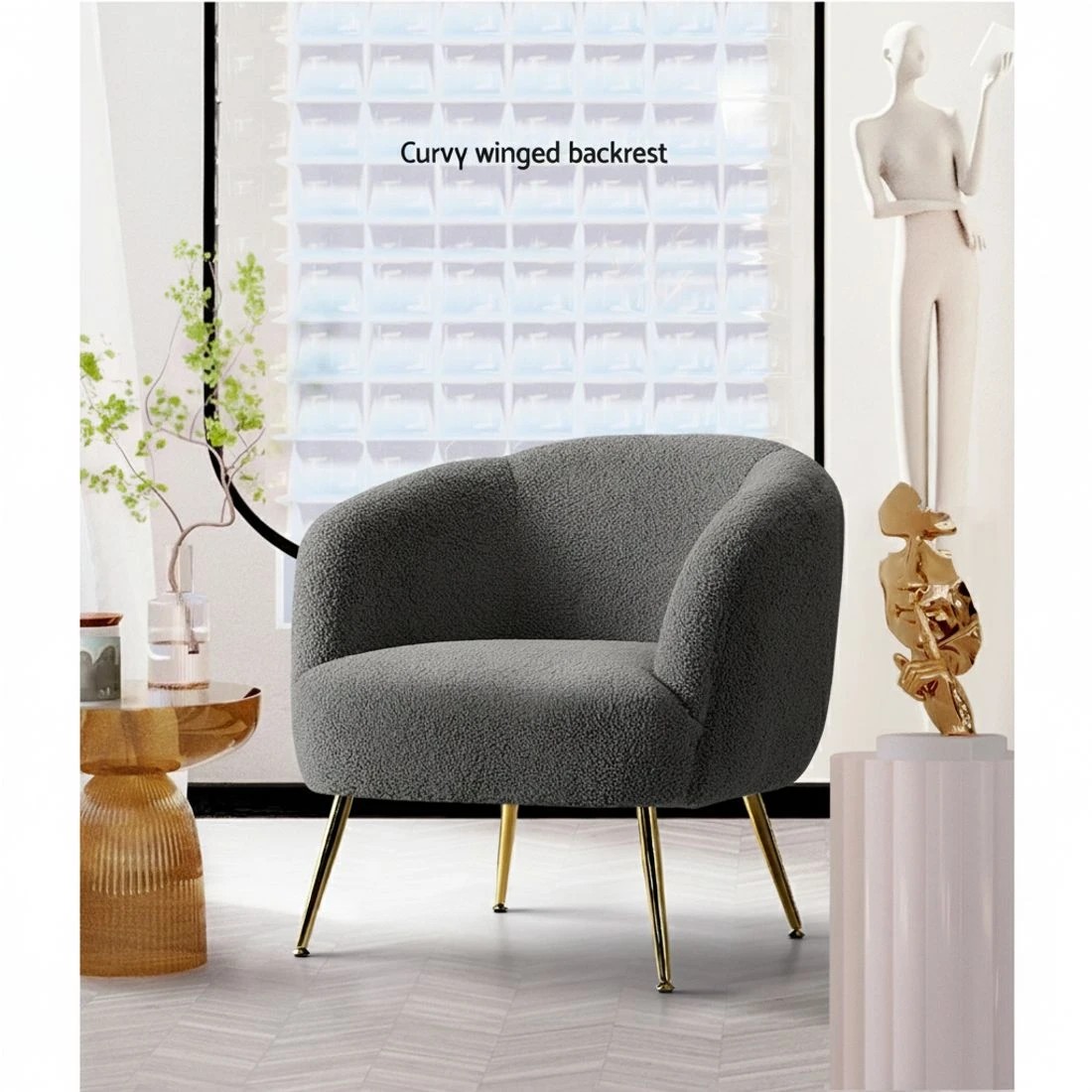 3 Artiss Armchair Lounge Chair Accent Chairs Arm Armchairs Sherpa Boucle - Charcoal, 3 of 5