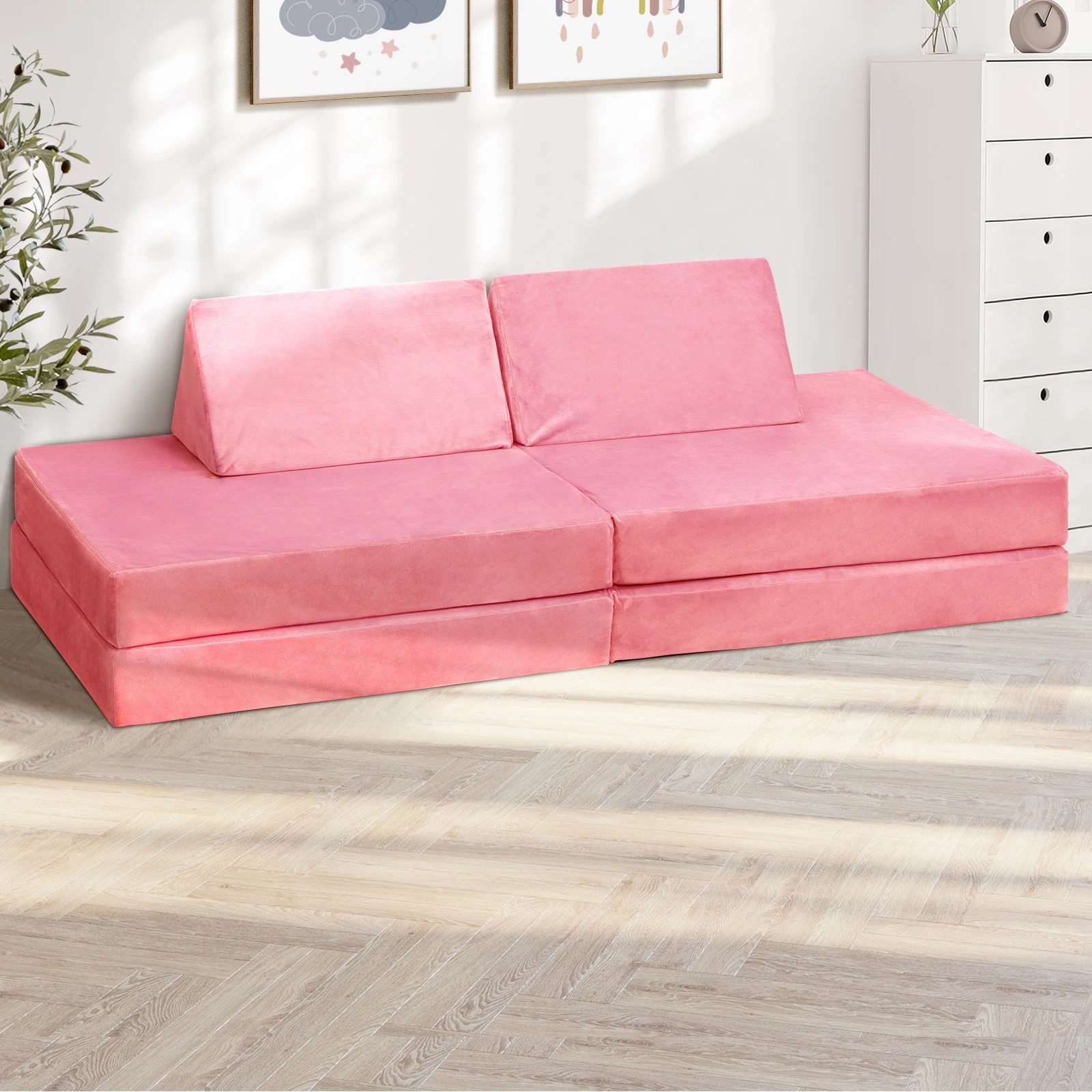 3 Oikiture 4Pcs Kids Play Couch Modular Lounge Cushion Convertible Playset - Pink, 3 of 8