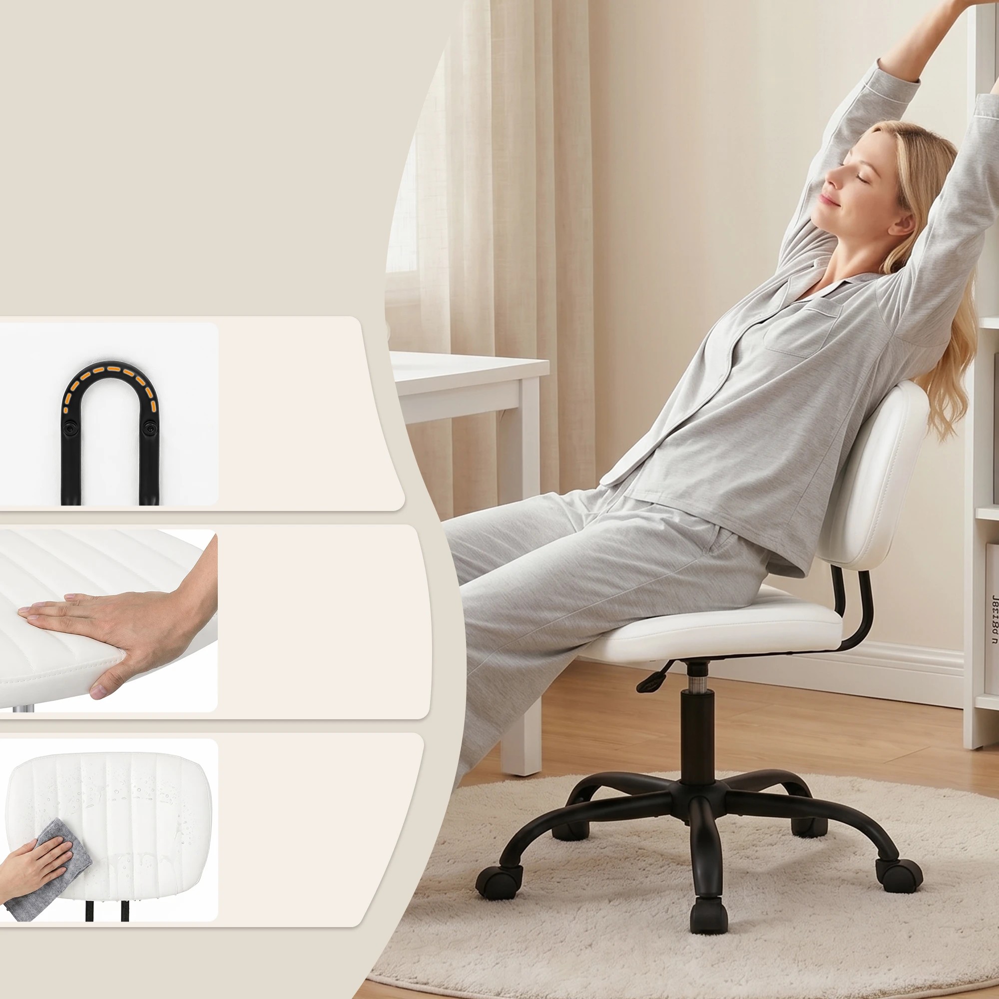 6 Artiss Armless Office Chair Ergonomic Swivel Home Office Desk Chair PU Leather - White, 6 of 8