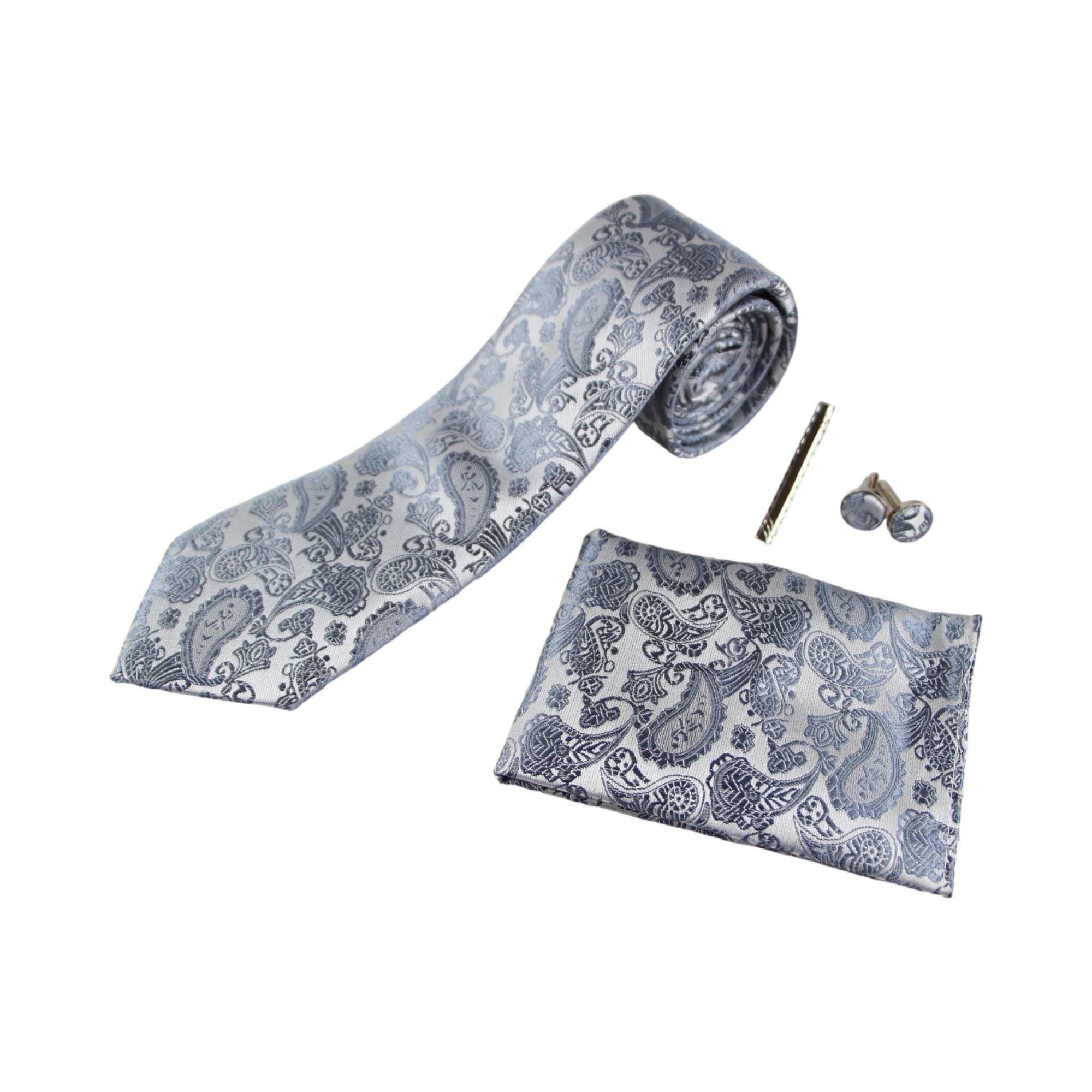 3 Zasel Mens Silver Boho Paisley Matching Neck Tie, Pocket Square, Cuff Links And Tie Clip Set - Grey - Grey, 3 of 3