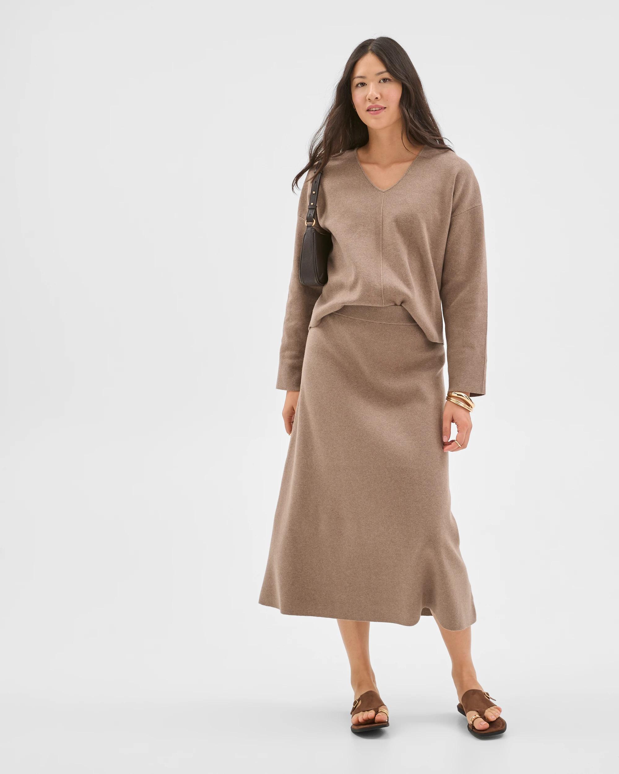 1 Preview Australian Cotton Blend A-Line Polished Midi Skirt MOON GREY, 1 of 6