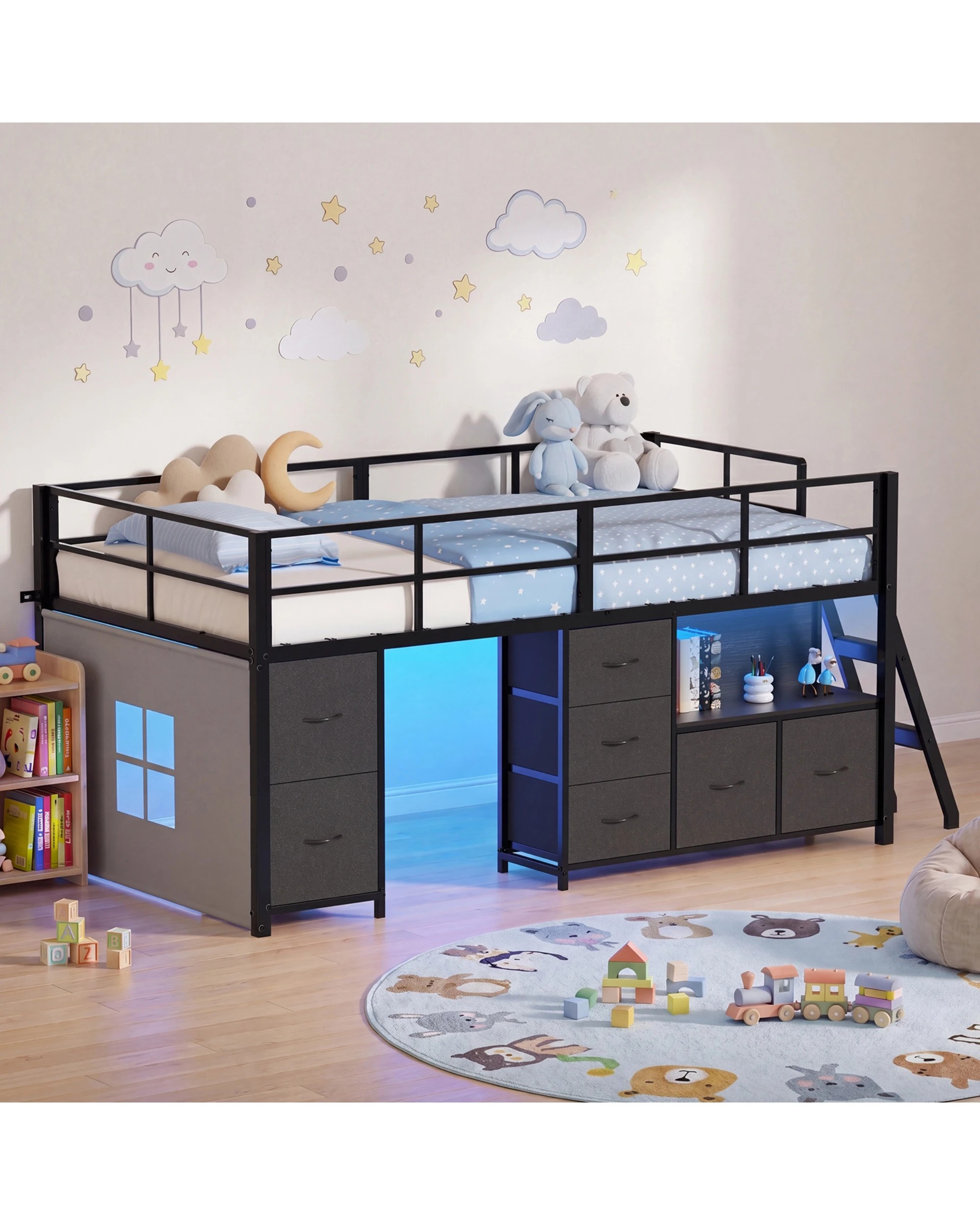6 Advwin King Single Low Loft Bed with 7 Drawers Bookcase LED Light for Kids - Black, 6 of 6