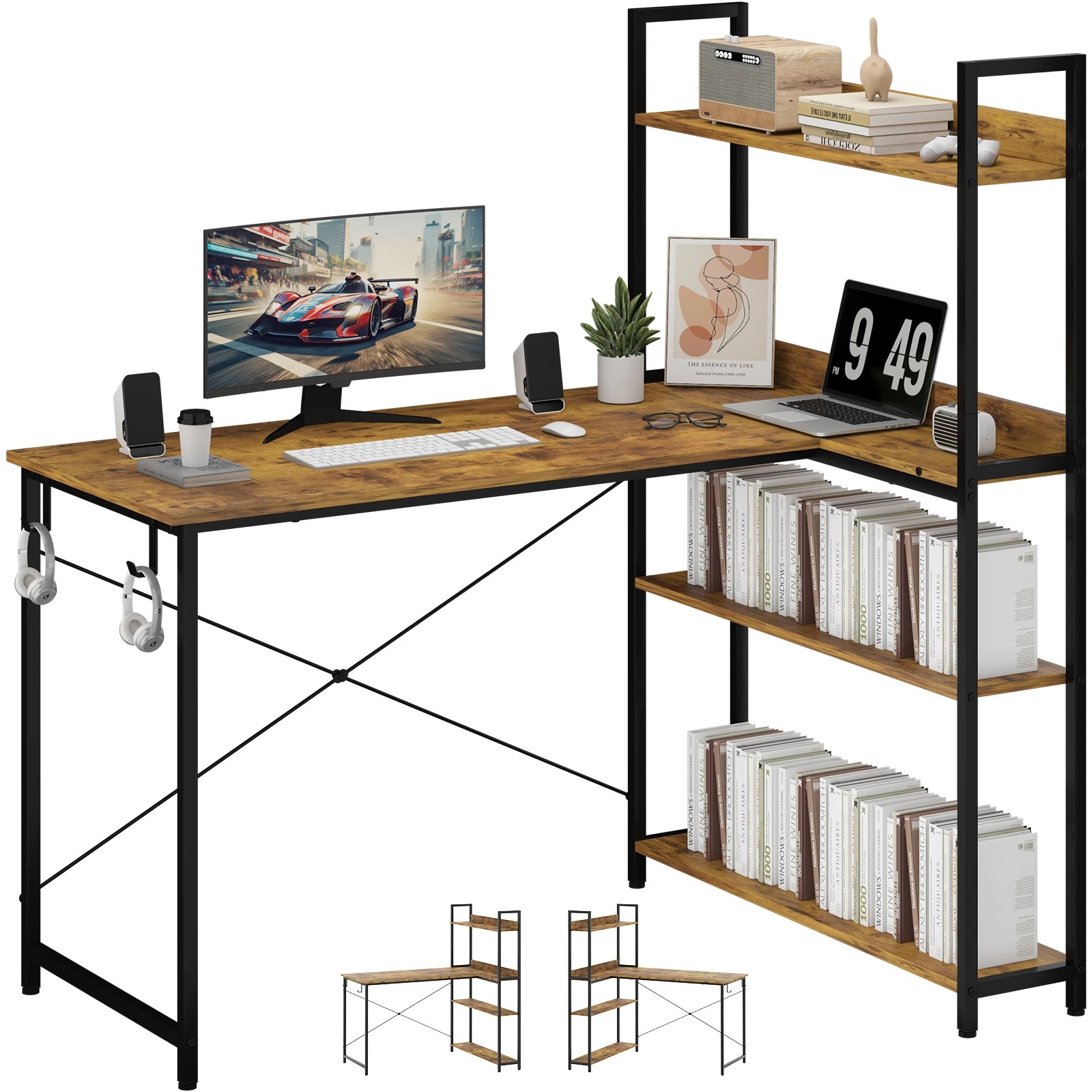 4 Advwin 110cm L Shaped Computer Desk With Reversible Storage Shelves Corner Desk - Brown, 4 of 8