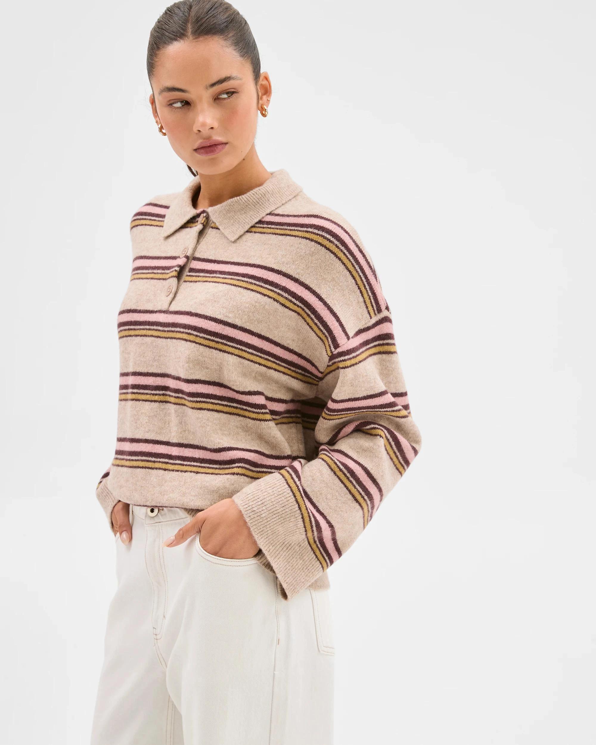 4 Lily Loves Long Sleeve Striped Polo Top FUDGE STRIPE, 4 of 6