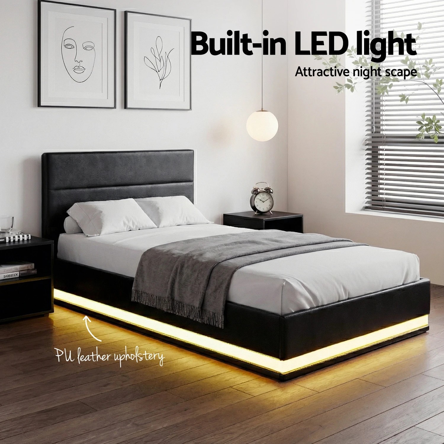 5 Artiss Bed Frame King Single Size LED Gas Lift LUMI - Black, 5 of 6