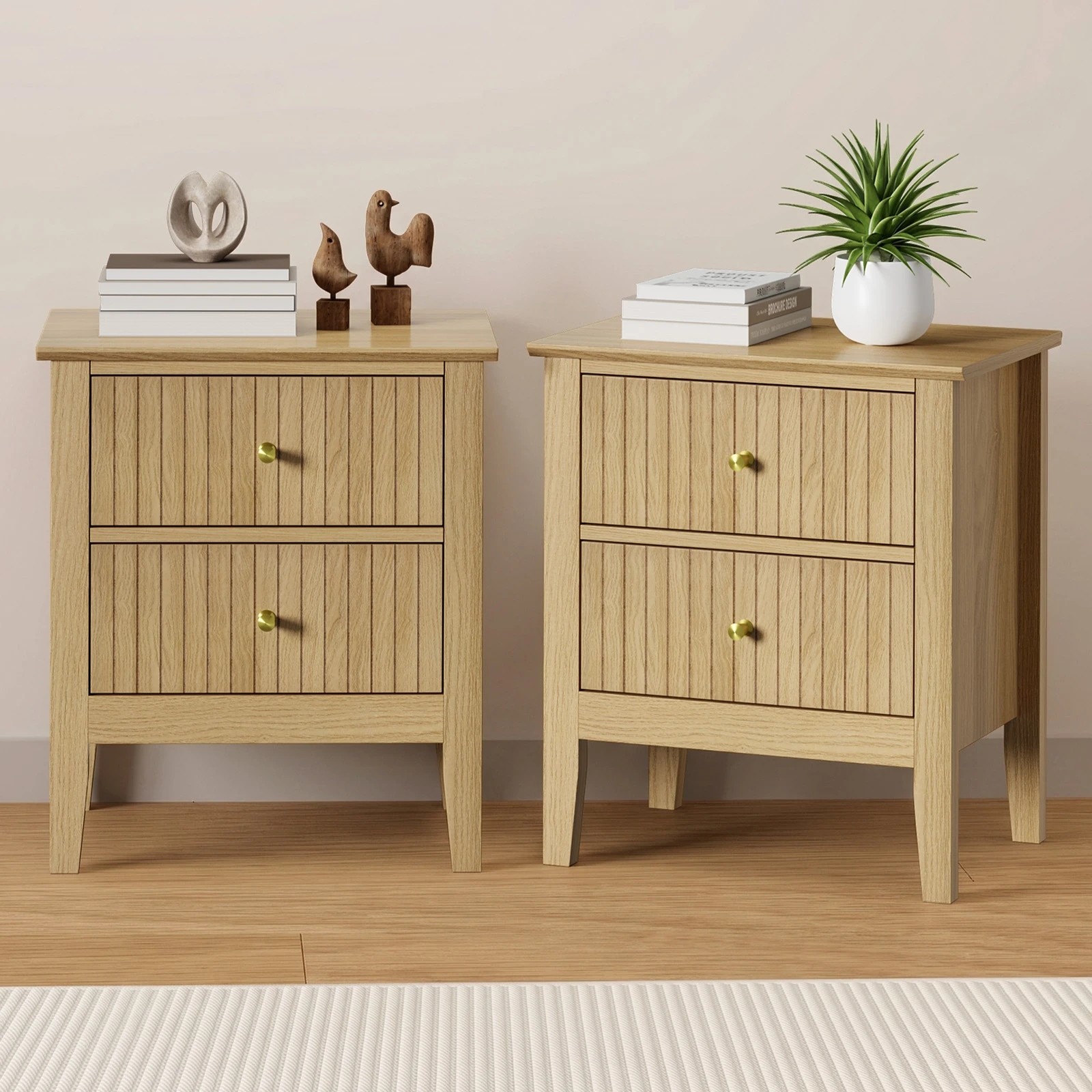 3 Oikiture 2pc Bedside Table 2 Drawers Nightstand Cabinet Gold Handle - Natural, 3 of 8