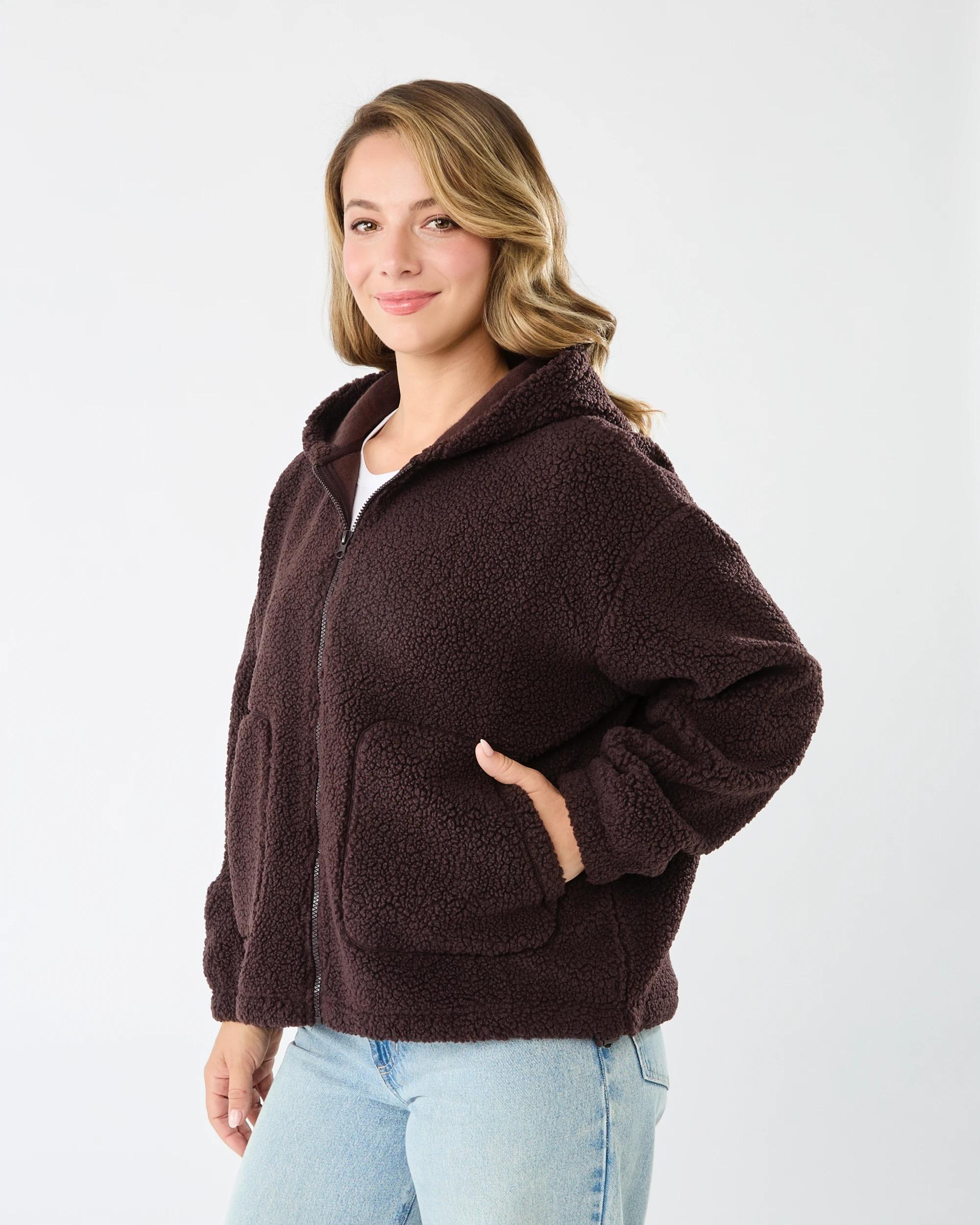 2 Boucle Cosy Zip Through Hoodie Choc Plum, 2 of 7