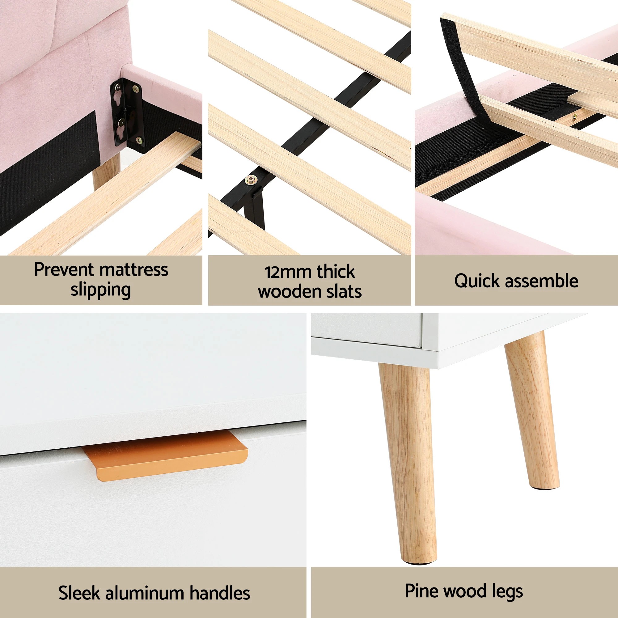 8 Artiss Double Bed Frame Scallop Headboard  Velvet with 2 Drawer Bedside Table - Multi, 8 of 8