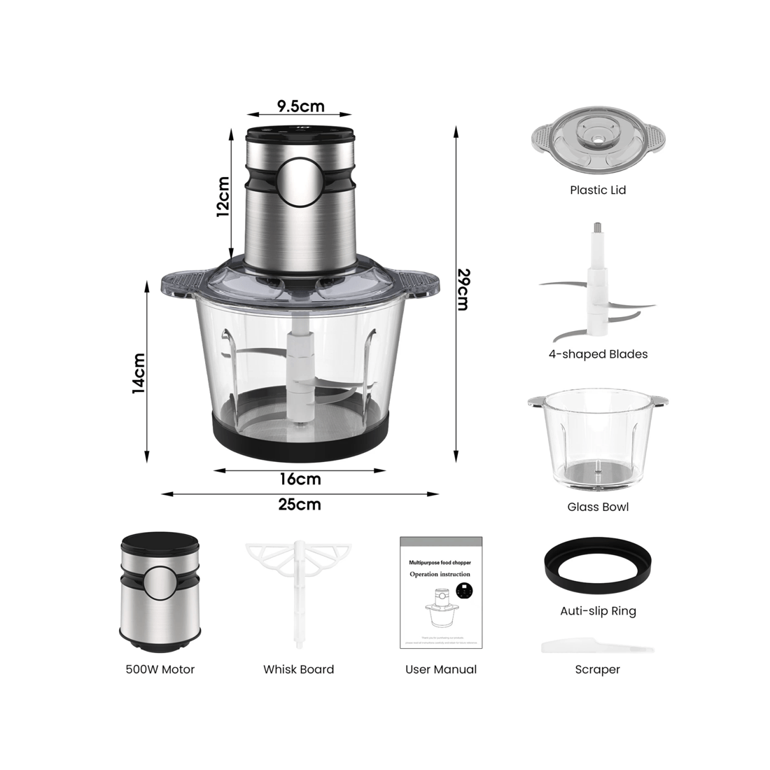 9 Advwin Electric Chopper, 3l Food Processor With 4 Sharp Blades, 500w Meat Grinder For Veg/meat/egg, 9 of 9
