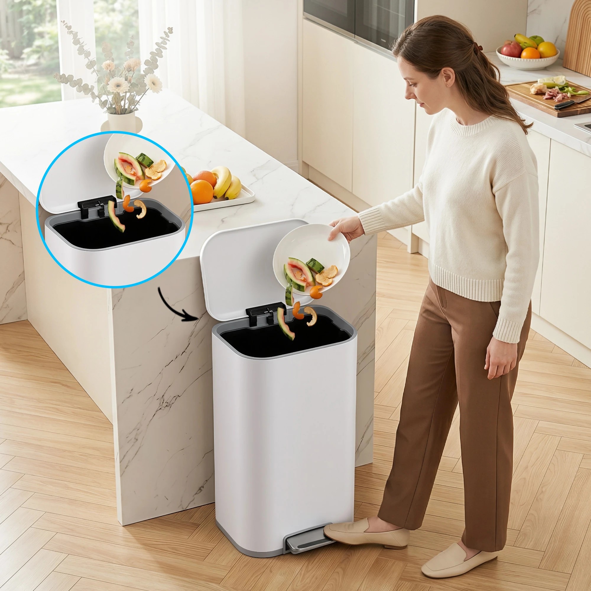 6 Cefito 40L Kitchen Trash Can Pedal Bin Rubbish Bin Steel Soft-Close Lid - White, 6 of 9