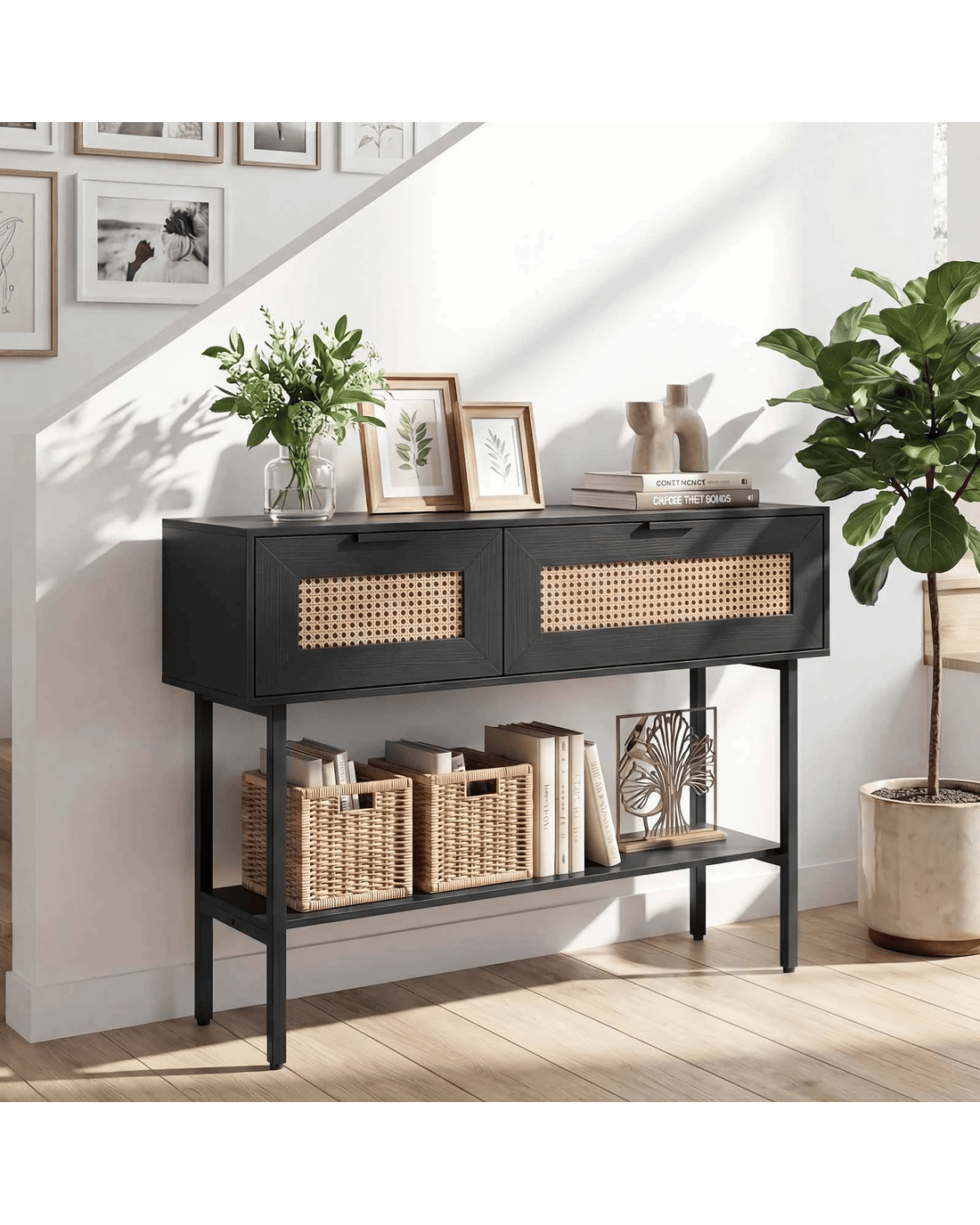Costway Rattan Console Table w/Flip Doors Boho Sofa Side Table - Black ...