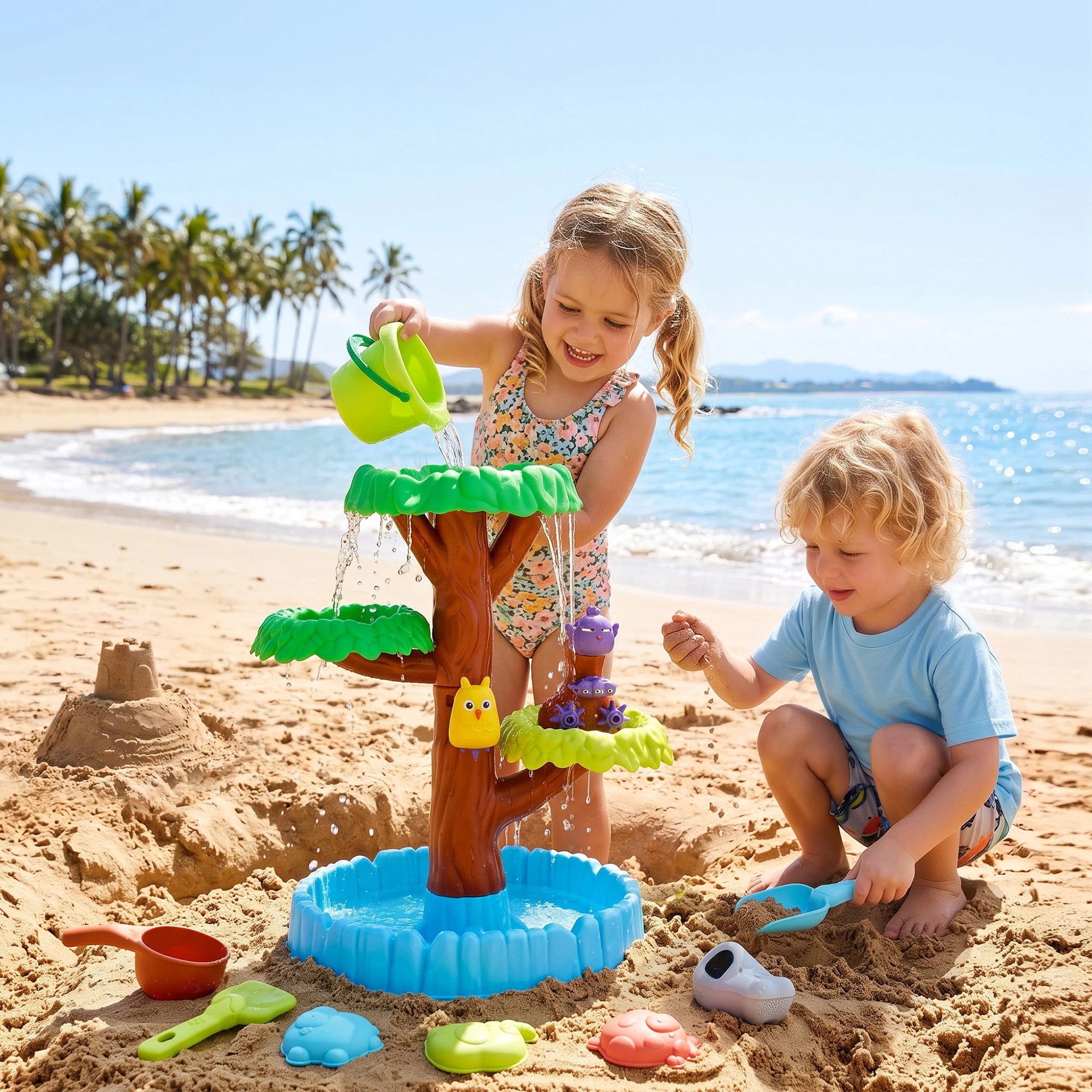 8 Keezi Tree Water Table Kids Sandpit Toys Set with Waterfall Water Wheel Molds for Sand Snow Play 52cmx62cm - Multi, 8 of 8