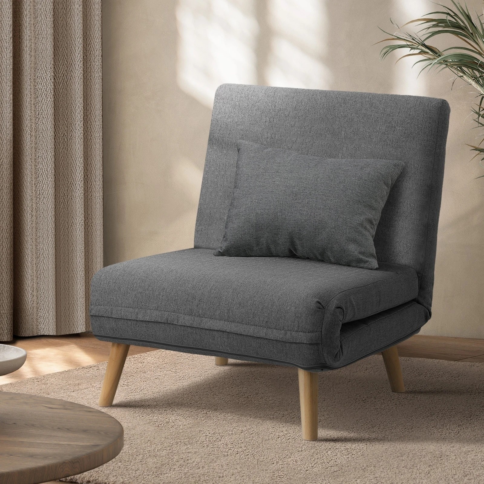 2 Oikiture Sofa Bed Lounge Chair Linen Fabric Recliner Wood Leg Single Seat
 - Grey, 2 of 9