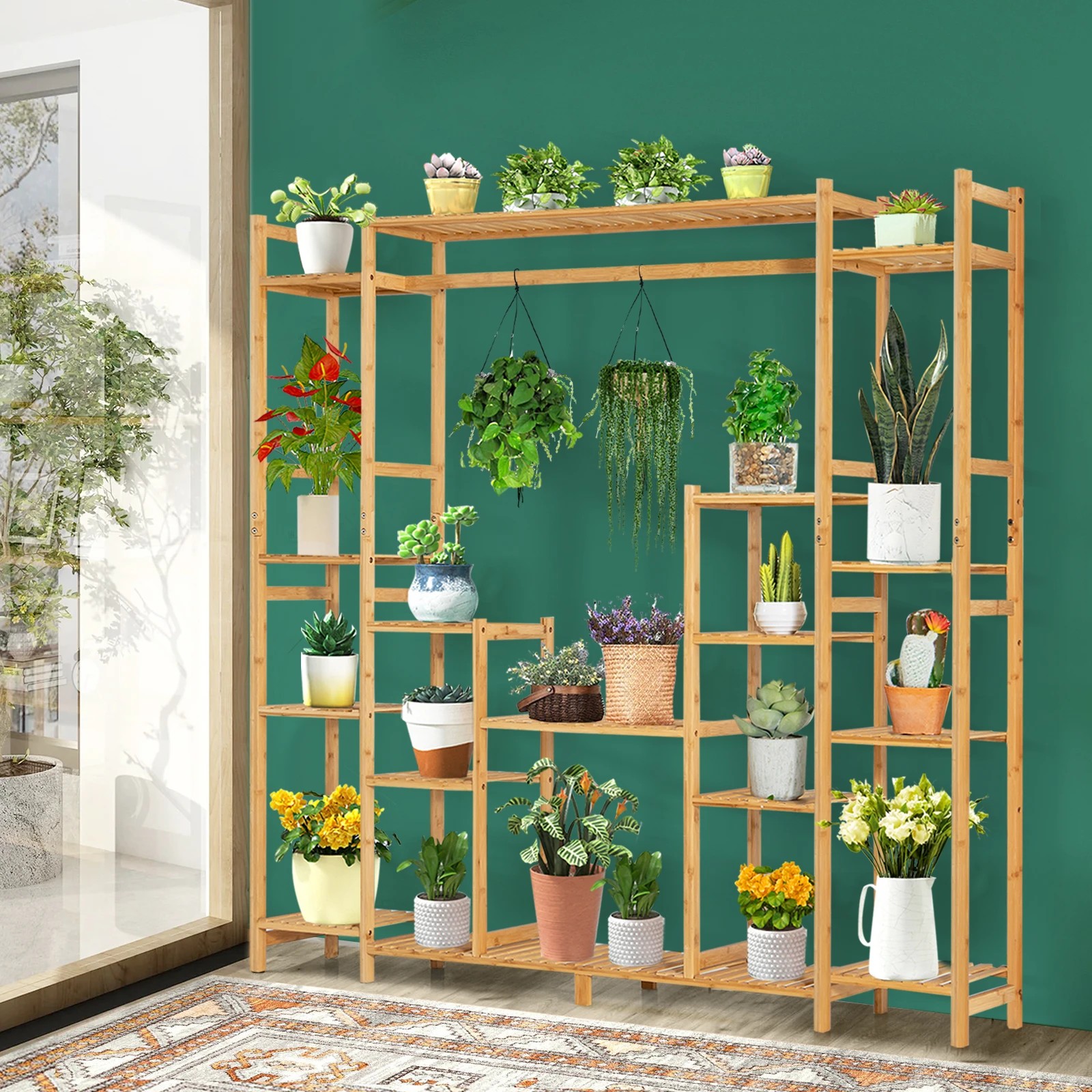 2 Costway 9-Tier Large Plant Shelf Bamboo Crisscross Storage Shelf for Flowers Toys Decor, 2 of 3