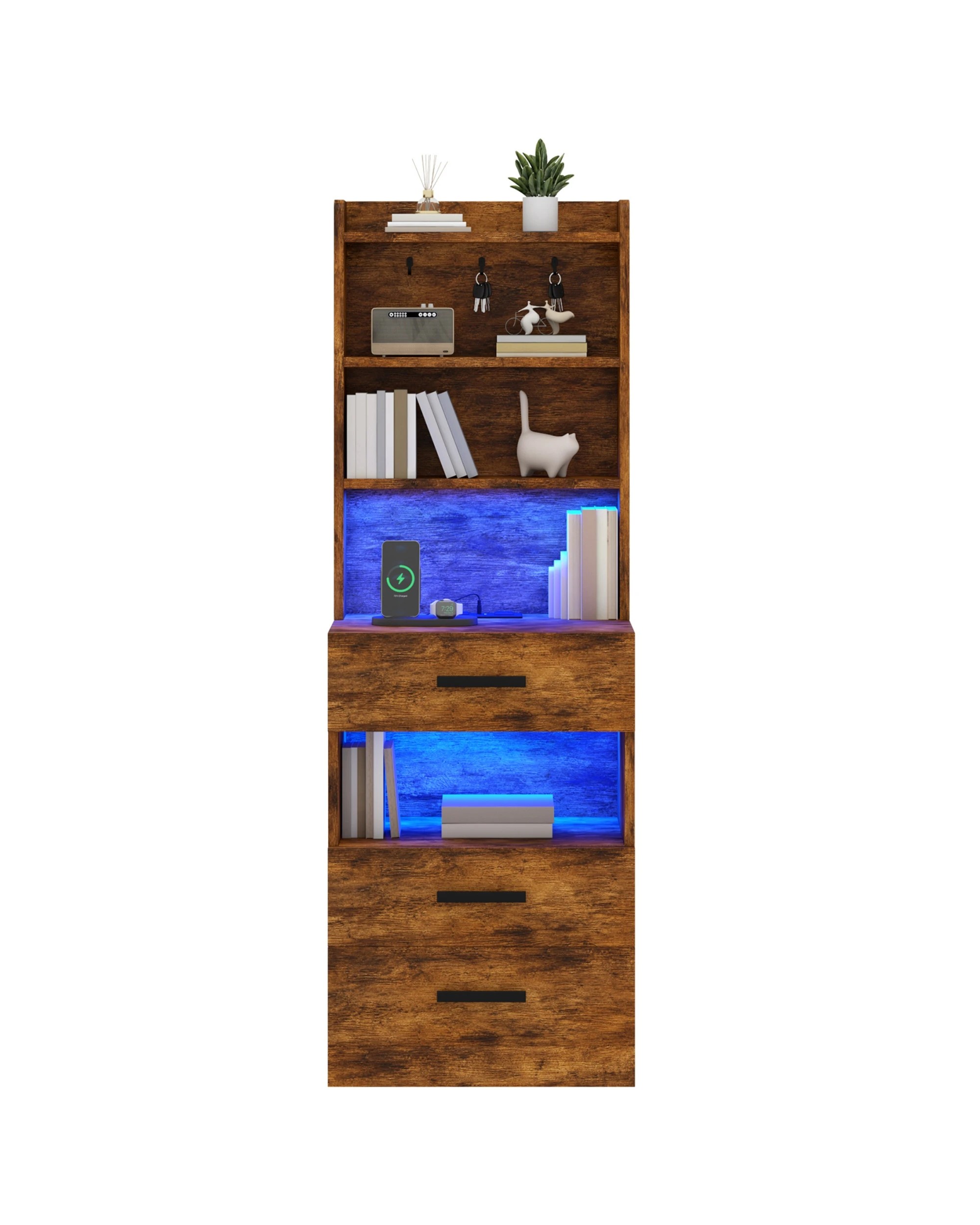 3 Ufurniture LED Tall Bedside Cabinet With Charging Station 3 Drawers and 3 Shelves - Brown, 3 of 8