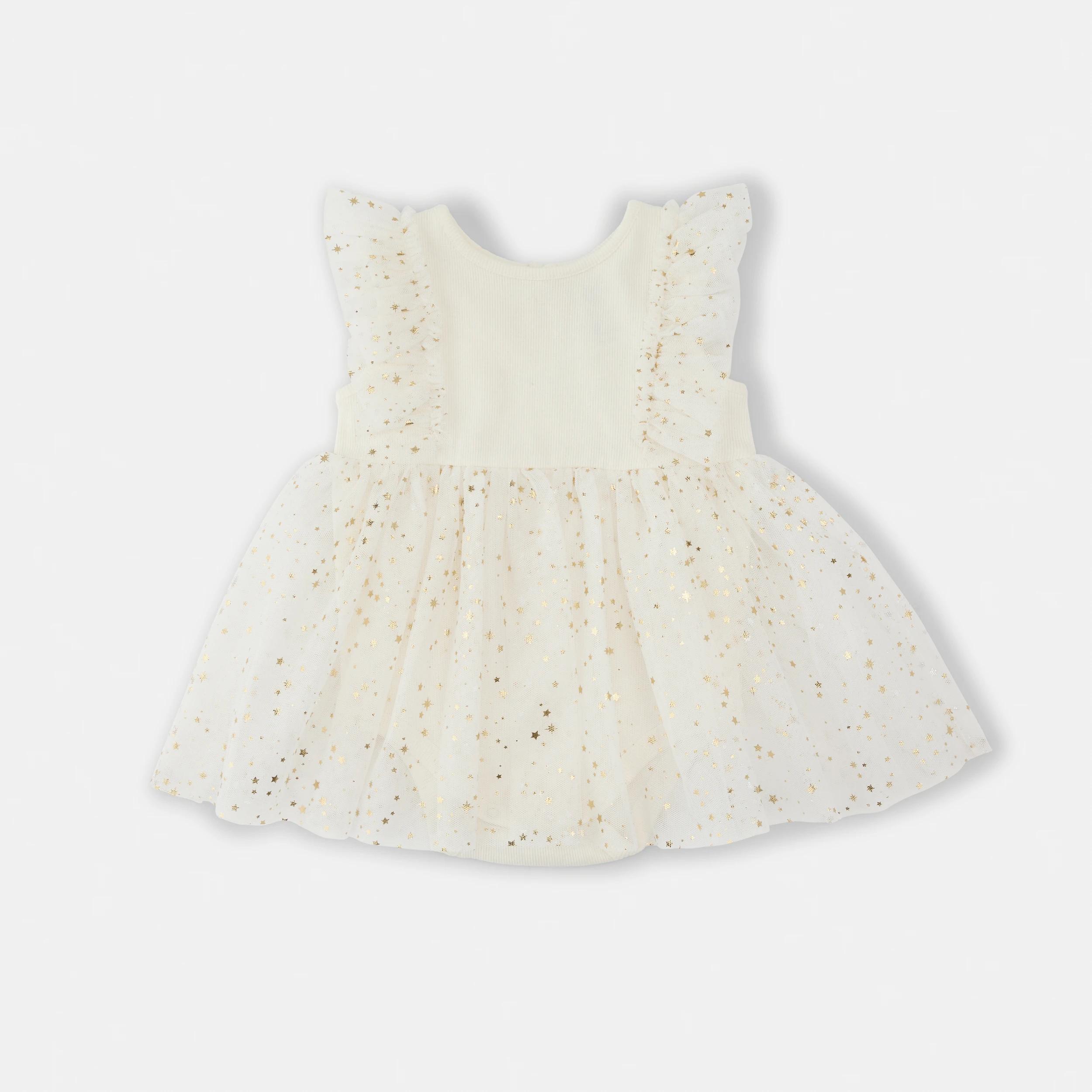 1 Christmas Tutu Bodysuit Dress XMAS WHITE GOLD STARS, 1 of 3