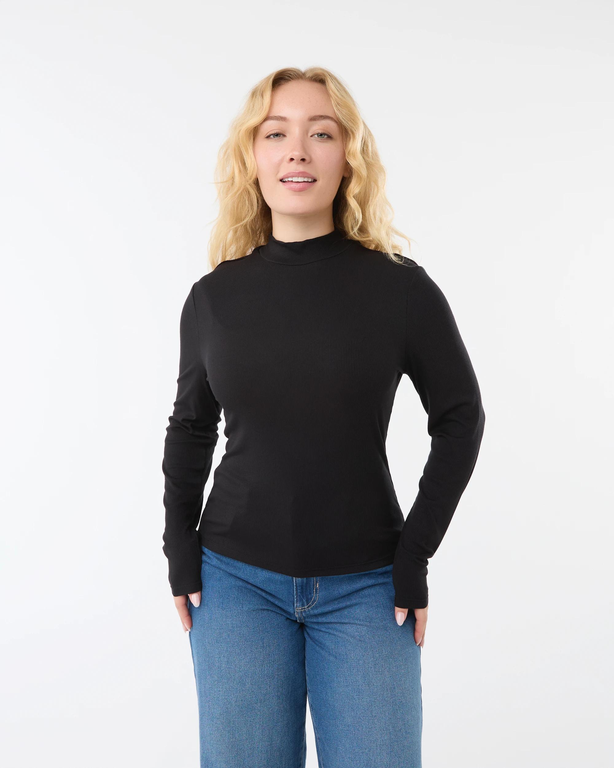 1 Long Sleeve Rib Mock Neck Top Black, 1 of 6