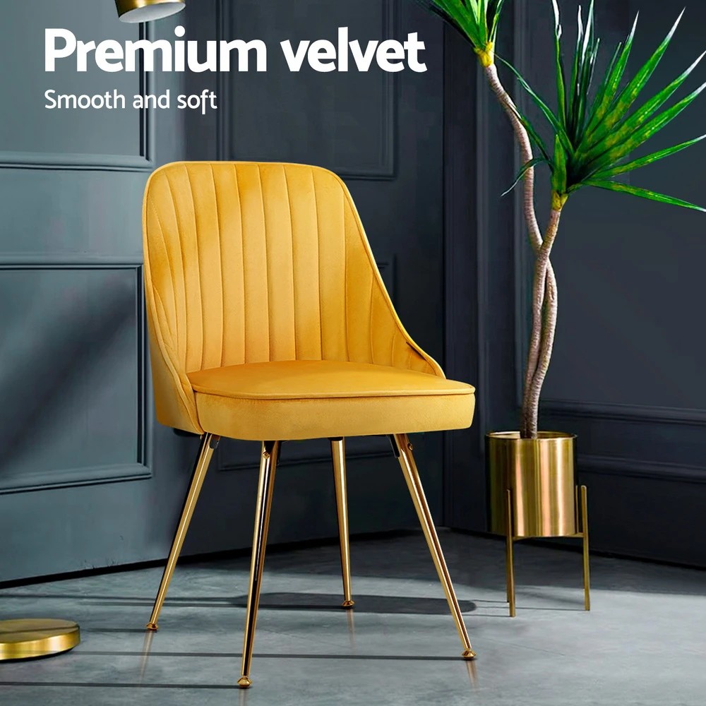 3 Artiss Dining Chairs Set of 4 Velvet Channel Tufted - Yellow, 3 of 4