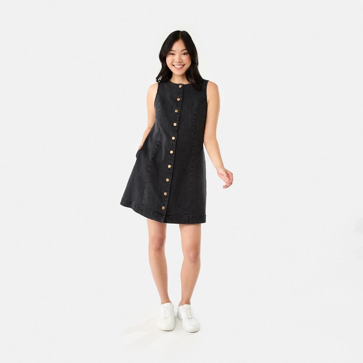8 Sleeveless Boat Neck Denim Mini Dress BLACK WASH, 8 of 8