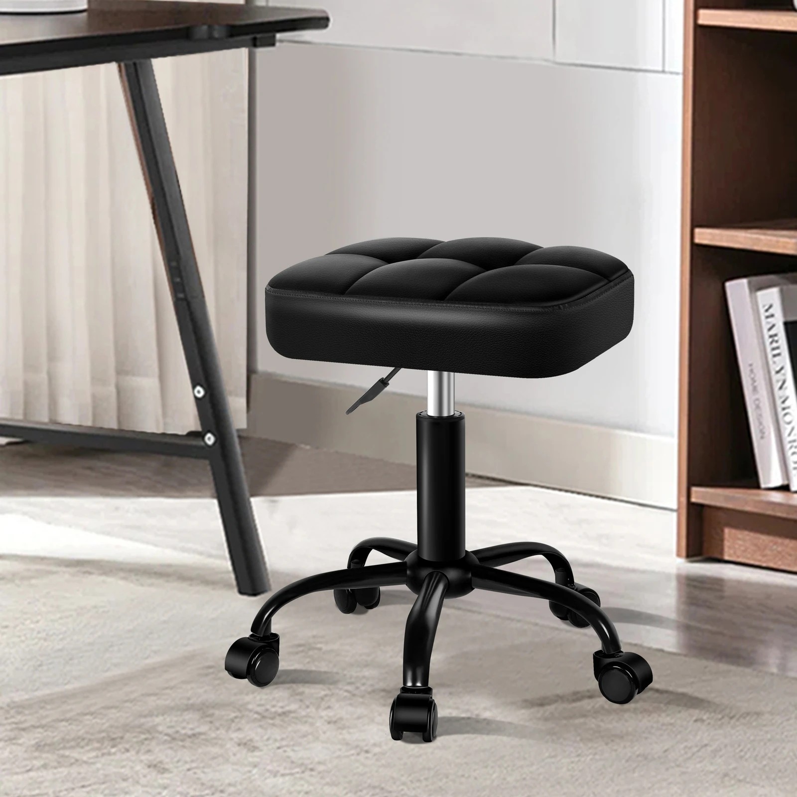 6 Alfordson 2x Salon Stool Square Swivel Barber Hair Chair - All Black, 6 of 10