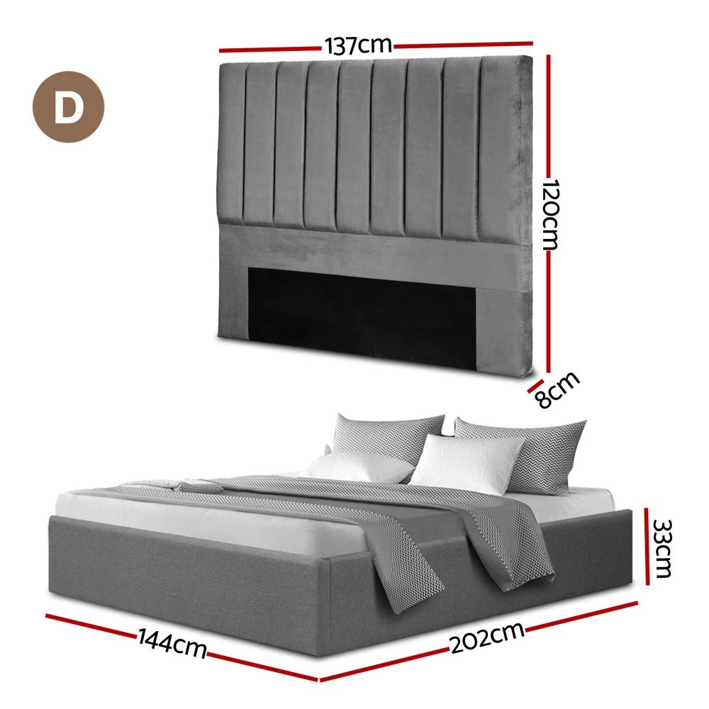 2 Artiss Double Bed Frame with Storage  Velvet Headboard Gas Lift Platform - Grey, 2 of 6