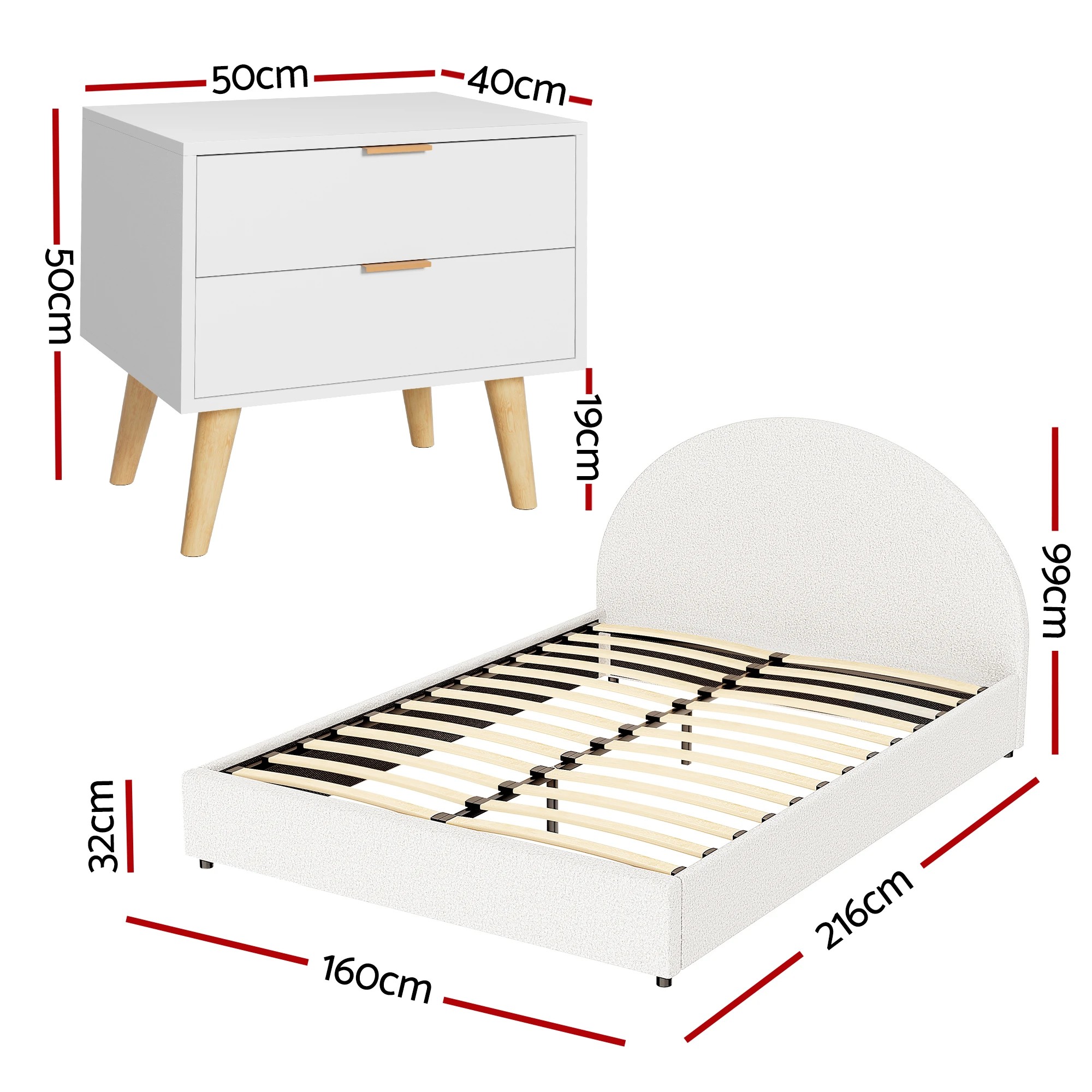 2 Artiss Bed Frame Set Gas Lift Storage Boucle Headboard 2 Drawer Nightstand - Queen Bed - Multi, 2 of 4