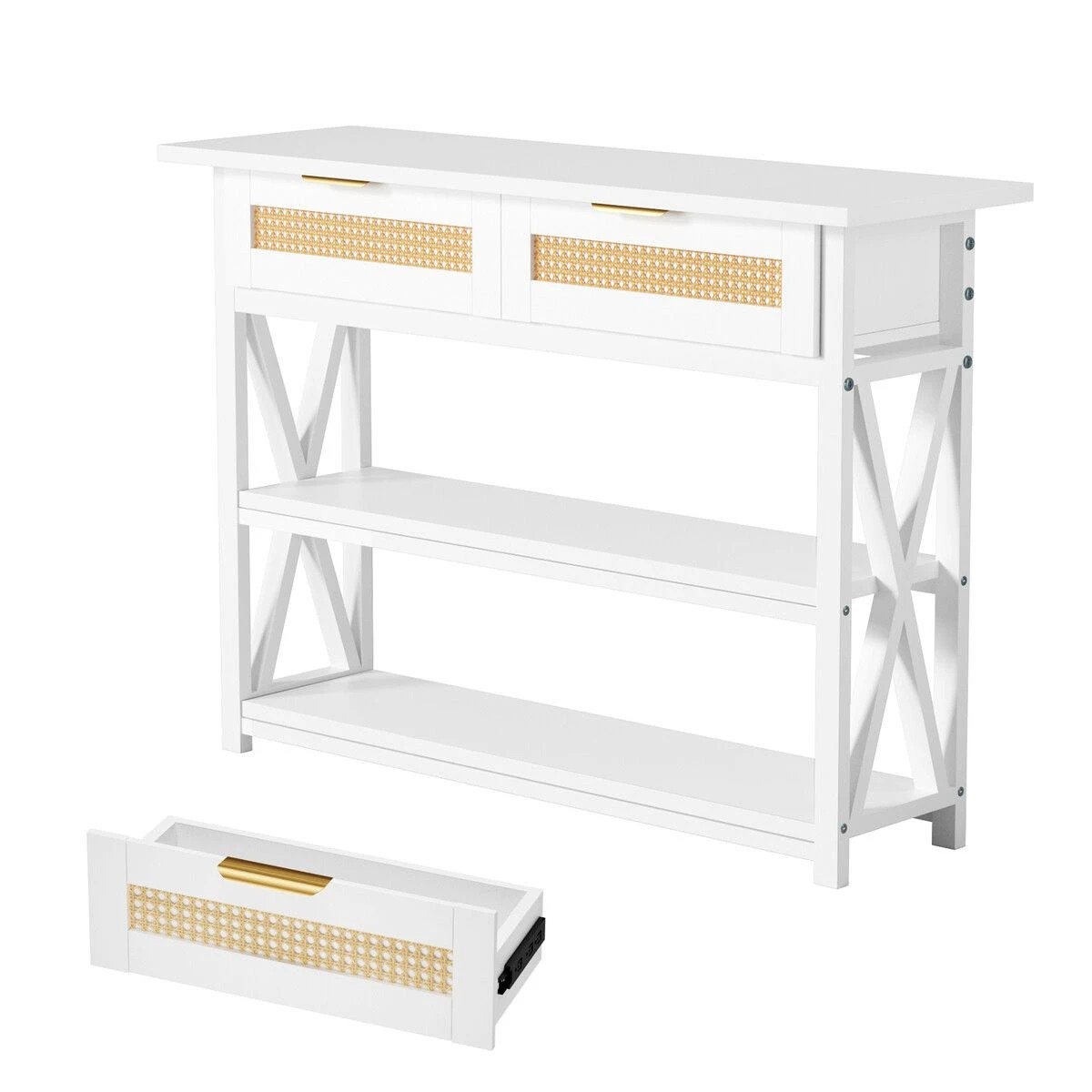 1 LUXSUITE Console Table with Rattan Drawers Lamp White, 1 of 5