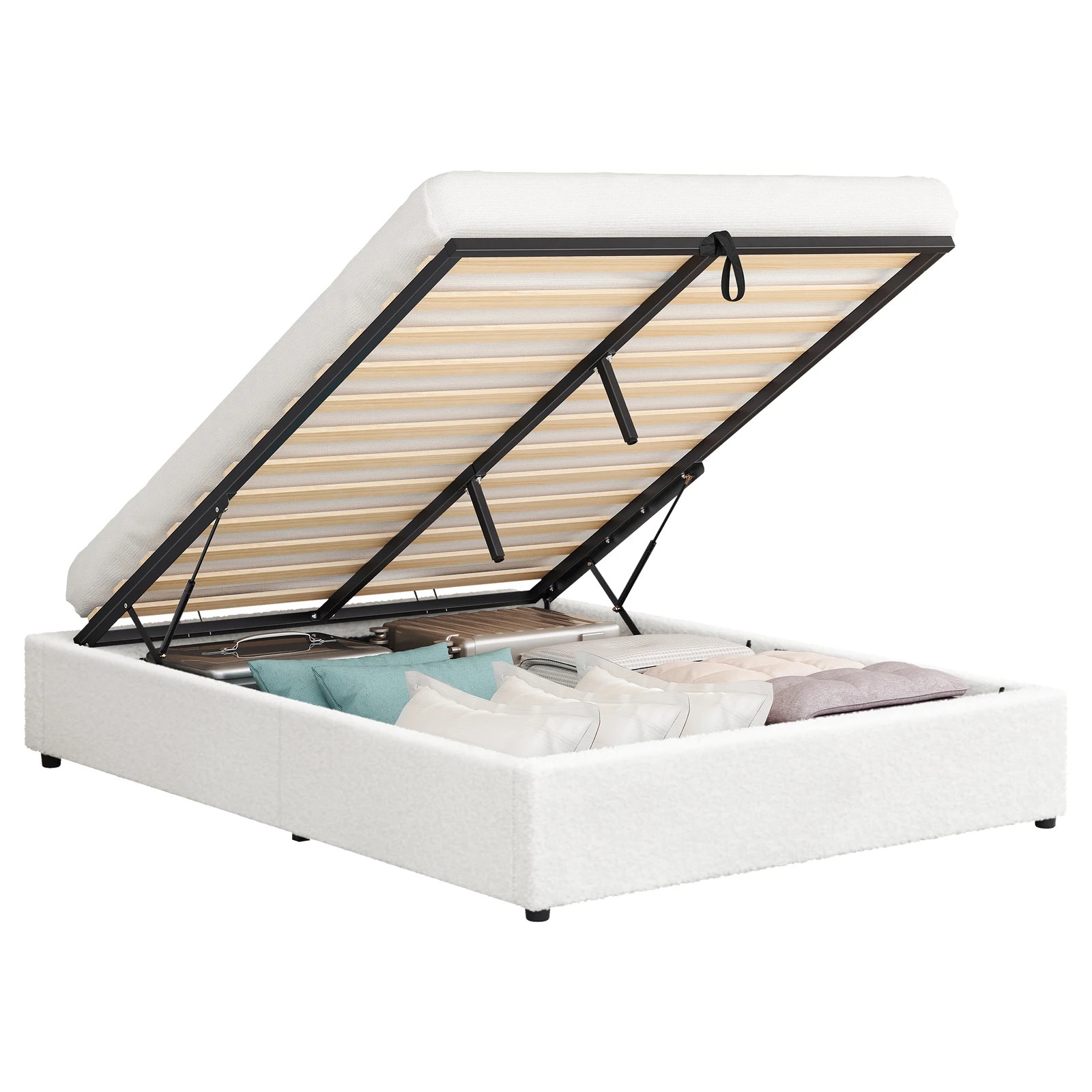 1 Alfordson Bed Frame Queen Size Gas Lift Storage Mattress Base Boucle Barlow - White, 1 of 10