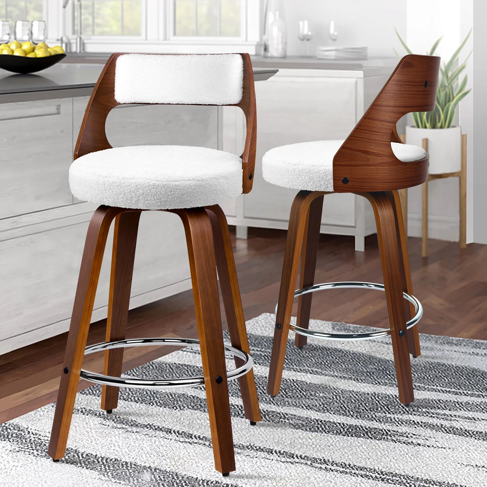 10 Alfordson 4x Swivel Bar Stools 65cm Kitchen Wooden Dining Chair Boucle - White, 10 of 10