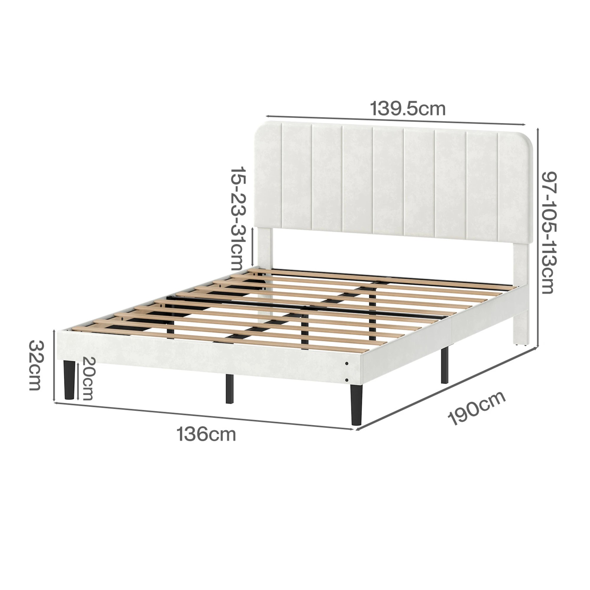 3 Levede Frame Upholstered Platform Bedframe With Adjustable Velvet Headboard - White, 3 of 9
